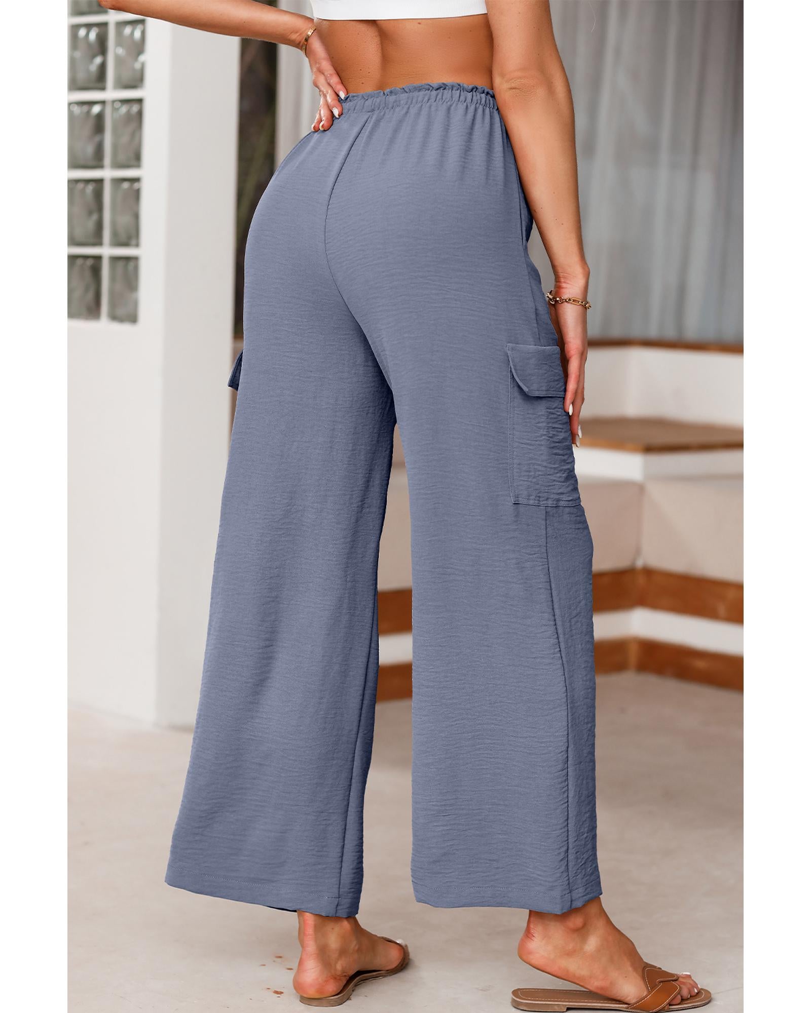 Dark Grey Drawstring Frilled Waist Wide Leg Utility Trousers - M