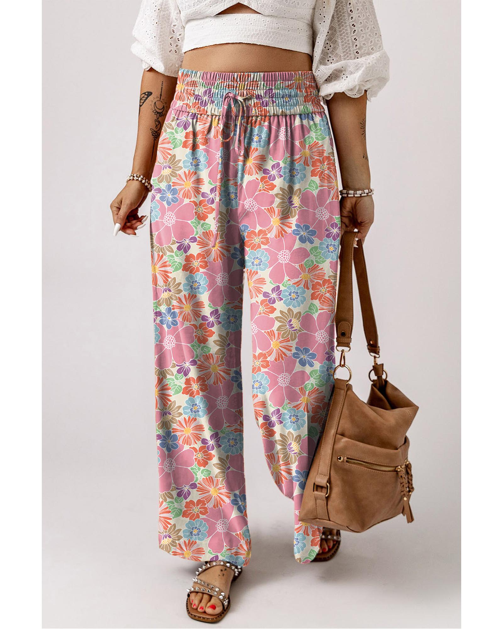 Pink Floral Smocked Waist Loose Pants - M