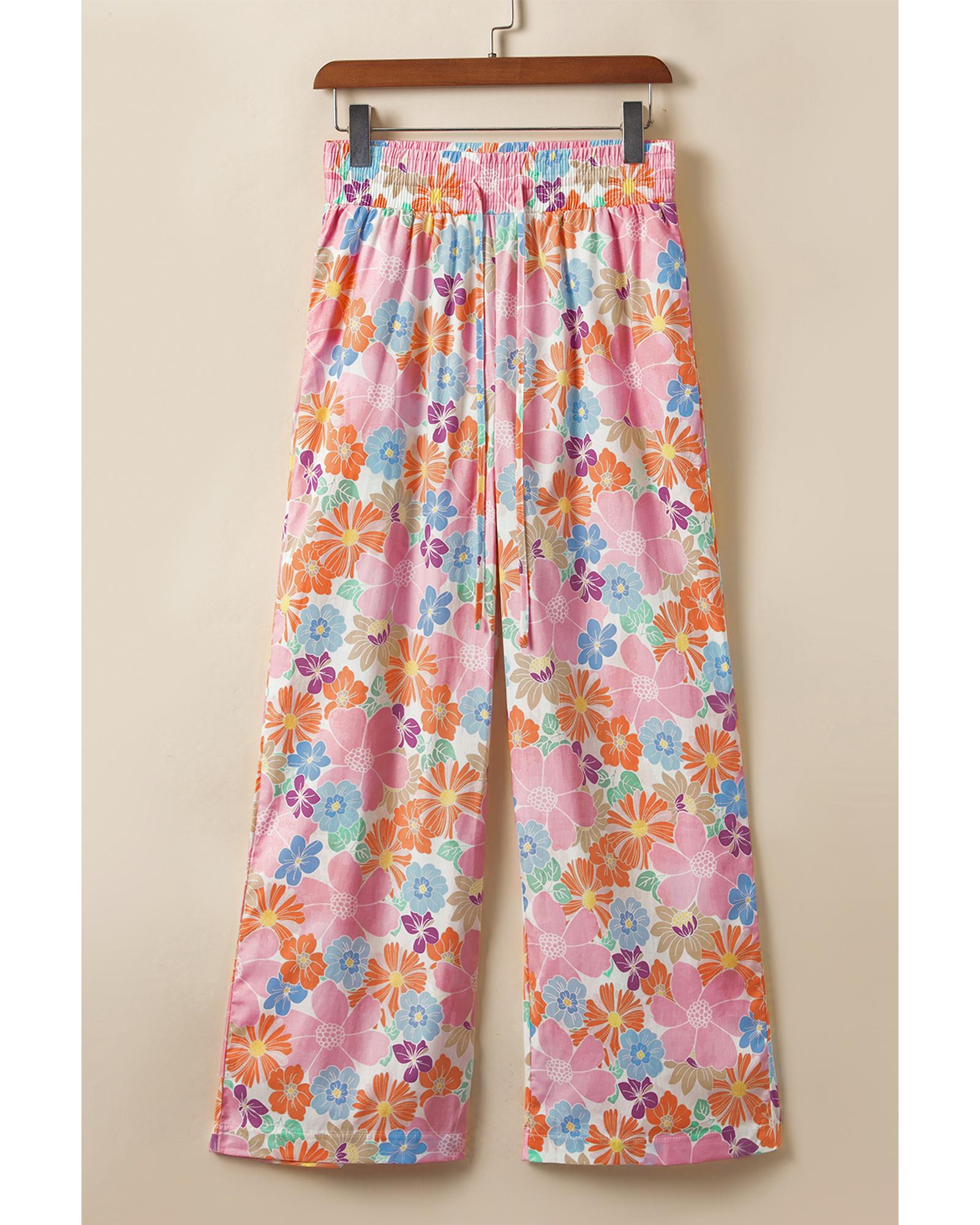 Pink Floral Smocked Waist Loose Pants - S
