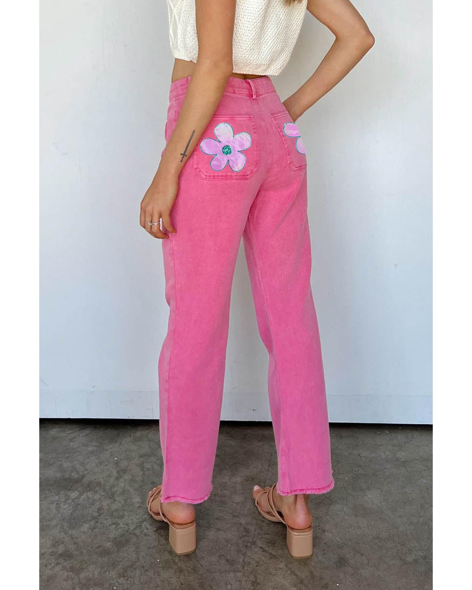 Pink Flower Patterns Raw Hem Flare Jeans - 14 US