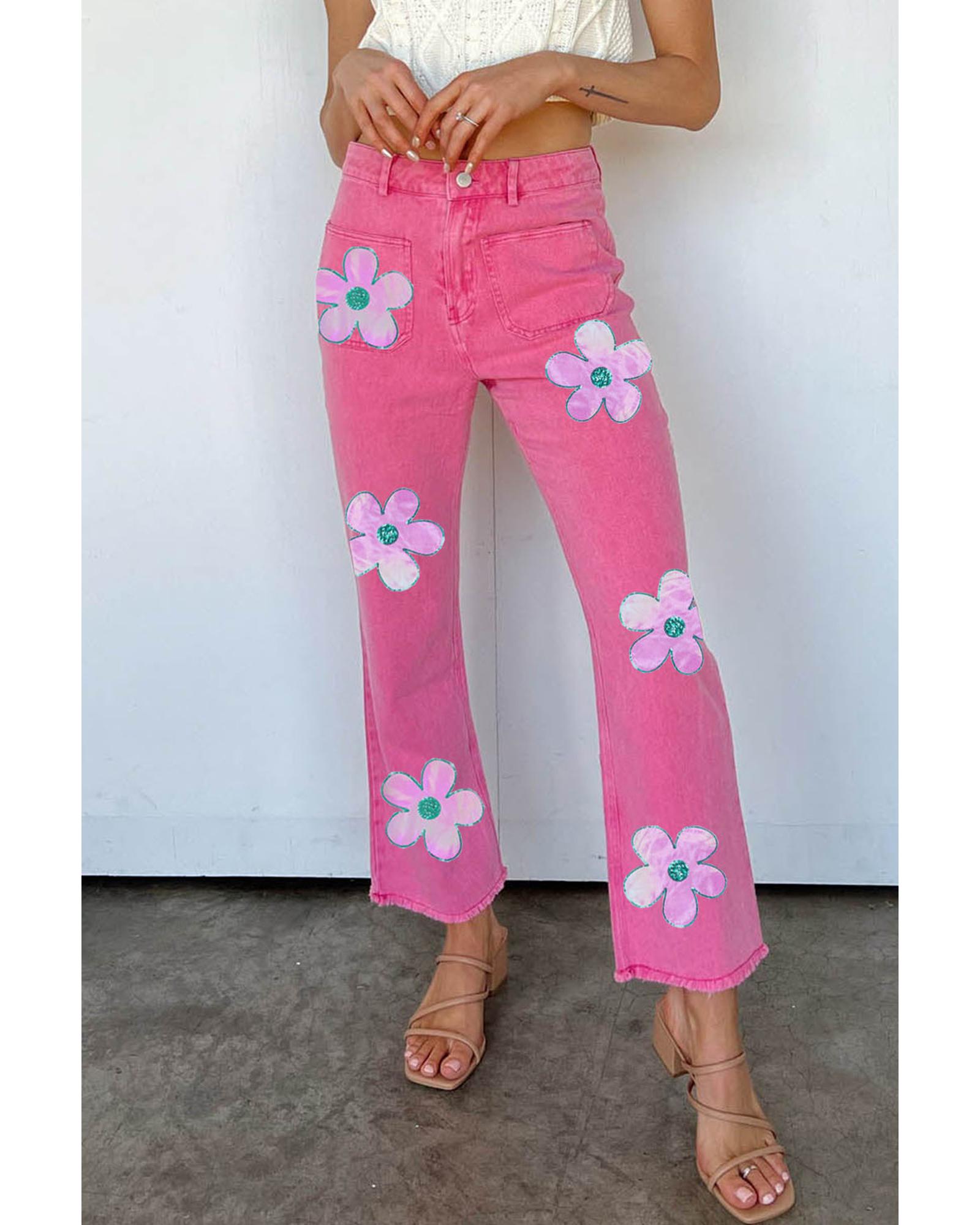 Pink Flower Patterns Raw Hem Flare Jeans - 16 US