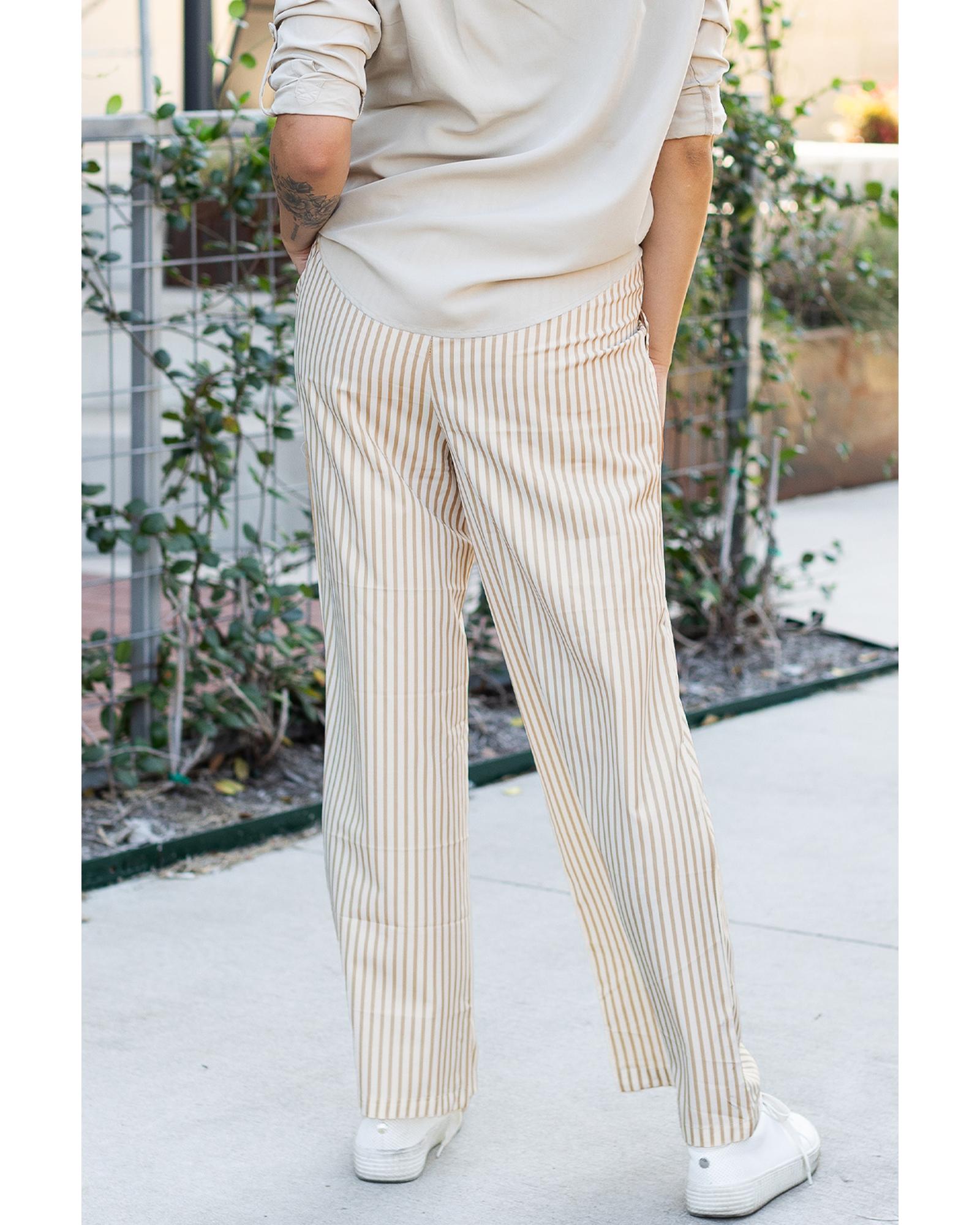 Khaki Stripe Print Wide Leg Drawstring Pants - XL