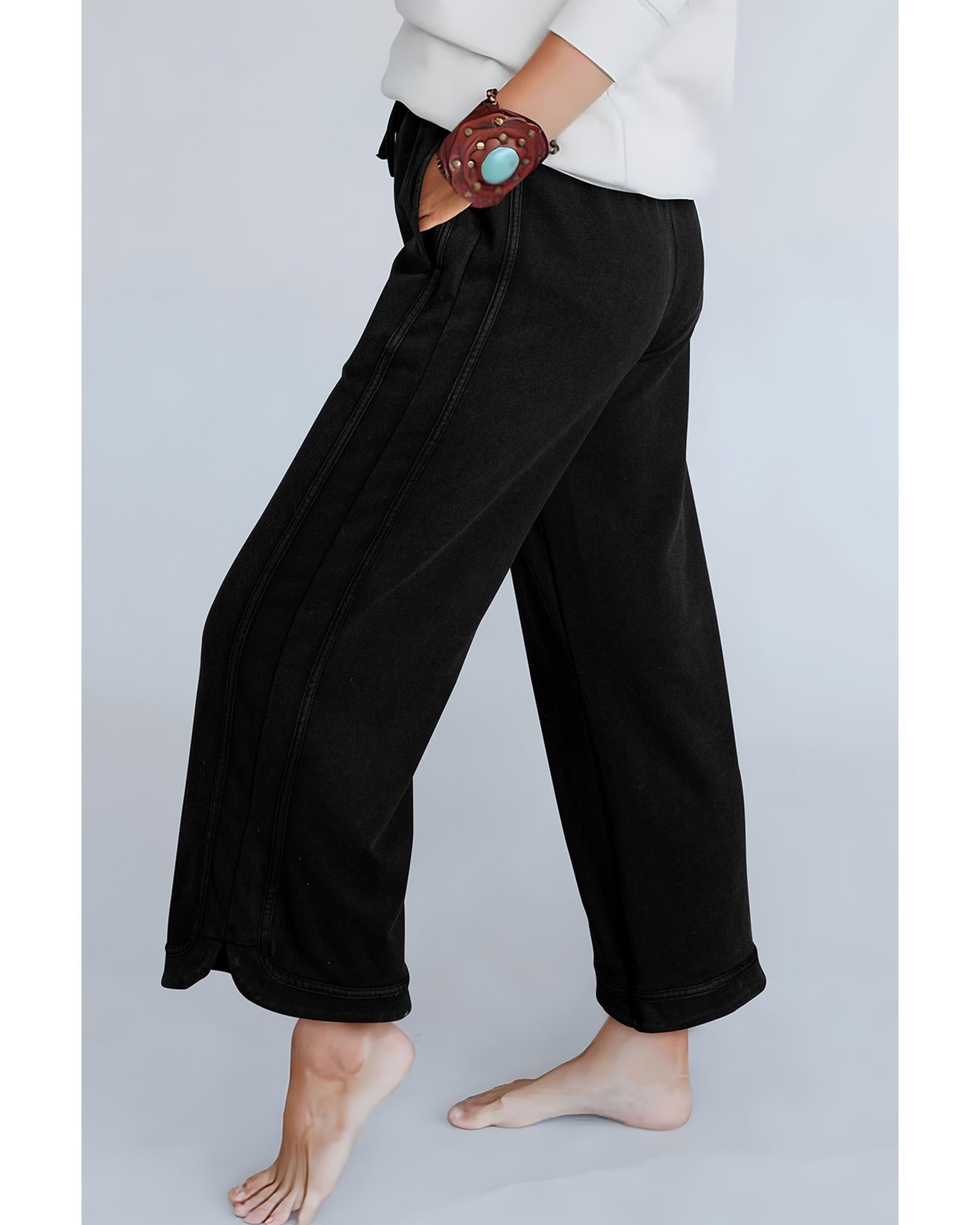 Black Mineral Wash Exposed Seam Wide Leg Pants - S