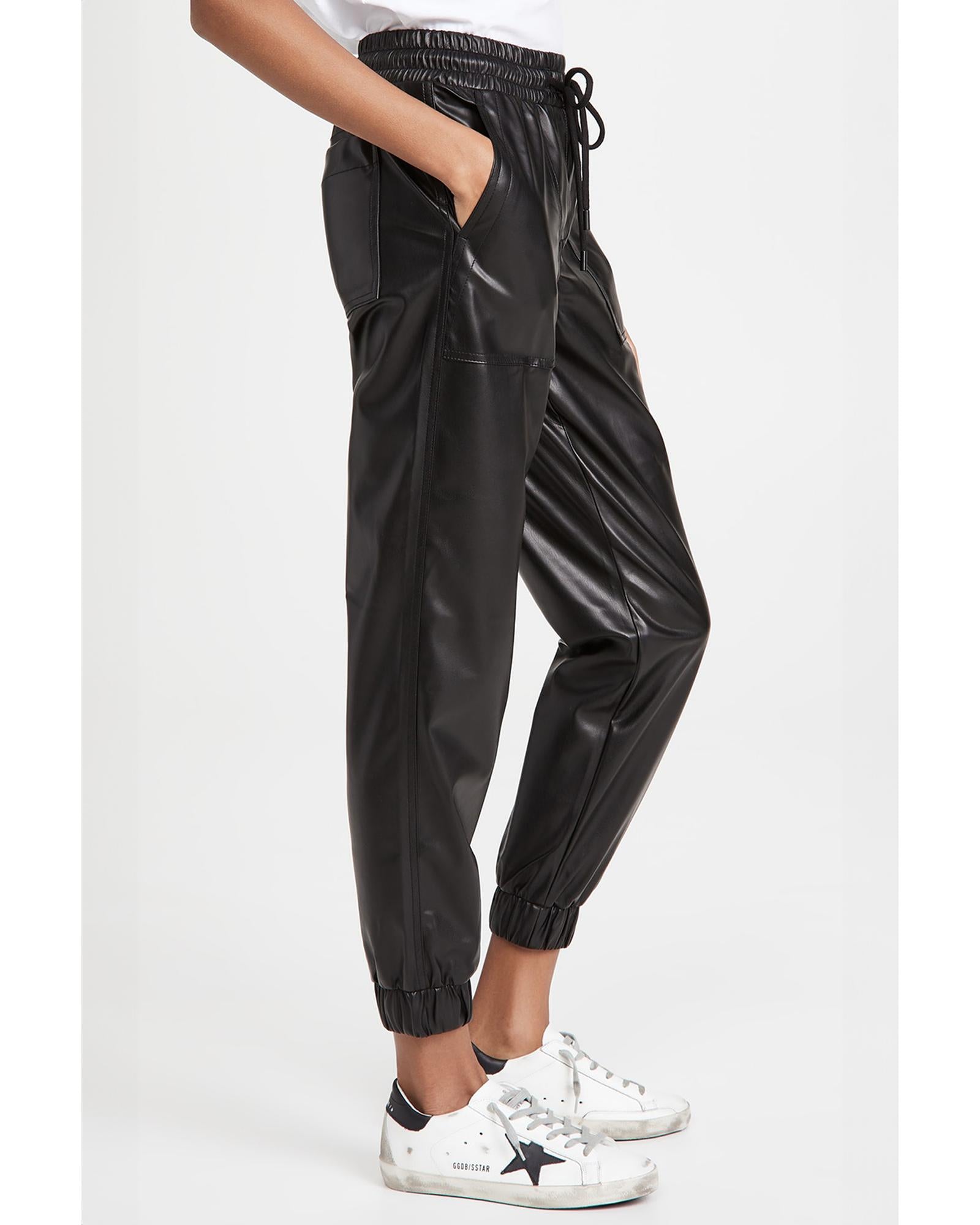 Black Faux Leather Ankle Smocked Waist Drawstring Joggers - XL