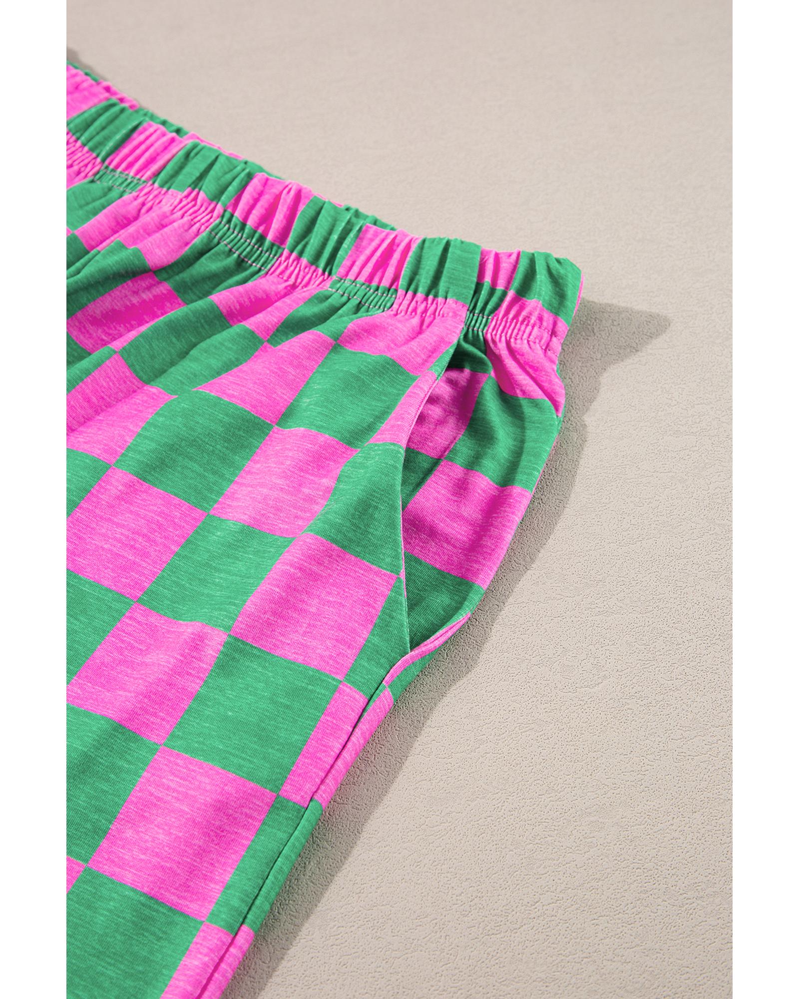 Green 2-Tone Checked Print High Waist Wide Leg Pants - L