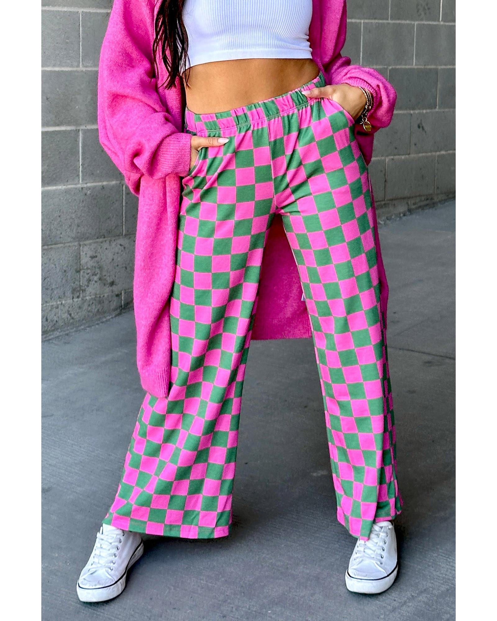 Green 2-Tone Checked Print High Waist Wide Leg Pants - M