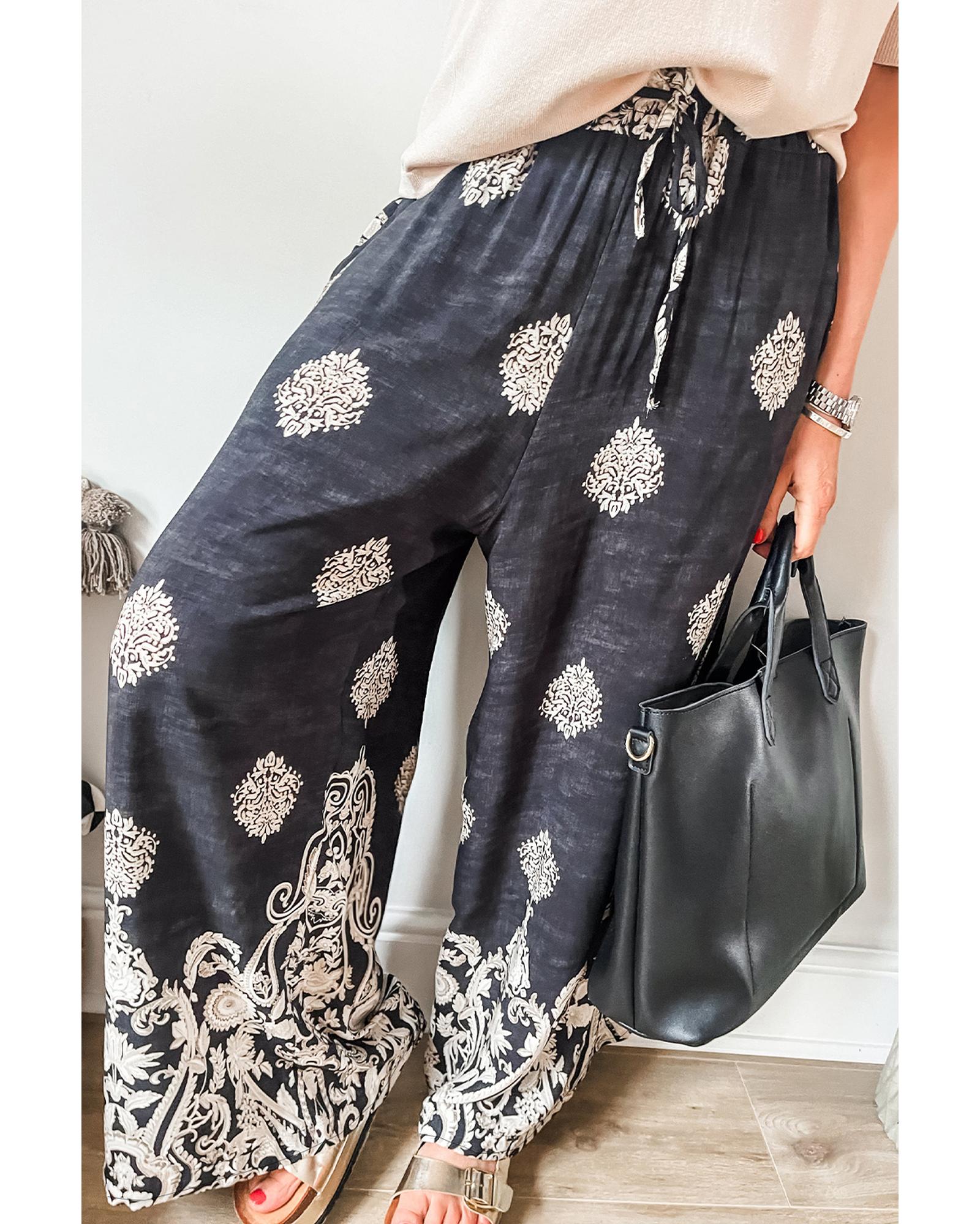 Black Bohemian Printed Drawstring Waist Wide Leg Pants - S
