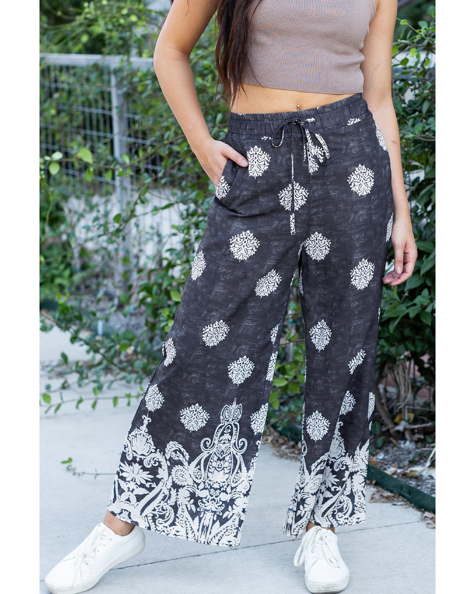 Black Bohemian Printed Drawstring Waist Wide Leg Pants - S
