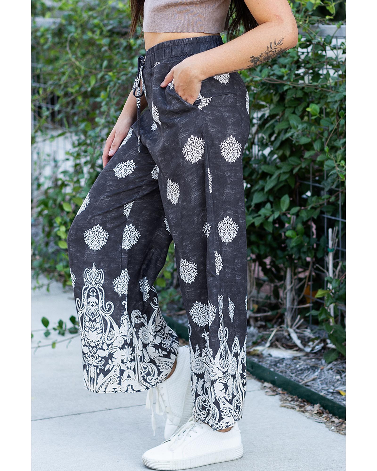 Black Bohemian Printed Drawstring Waist Wide Leg Pants - S