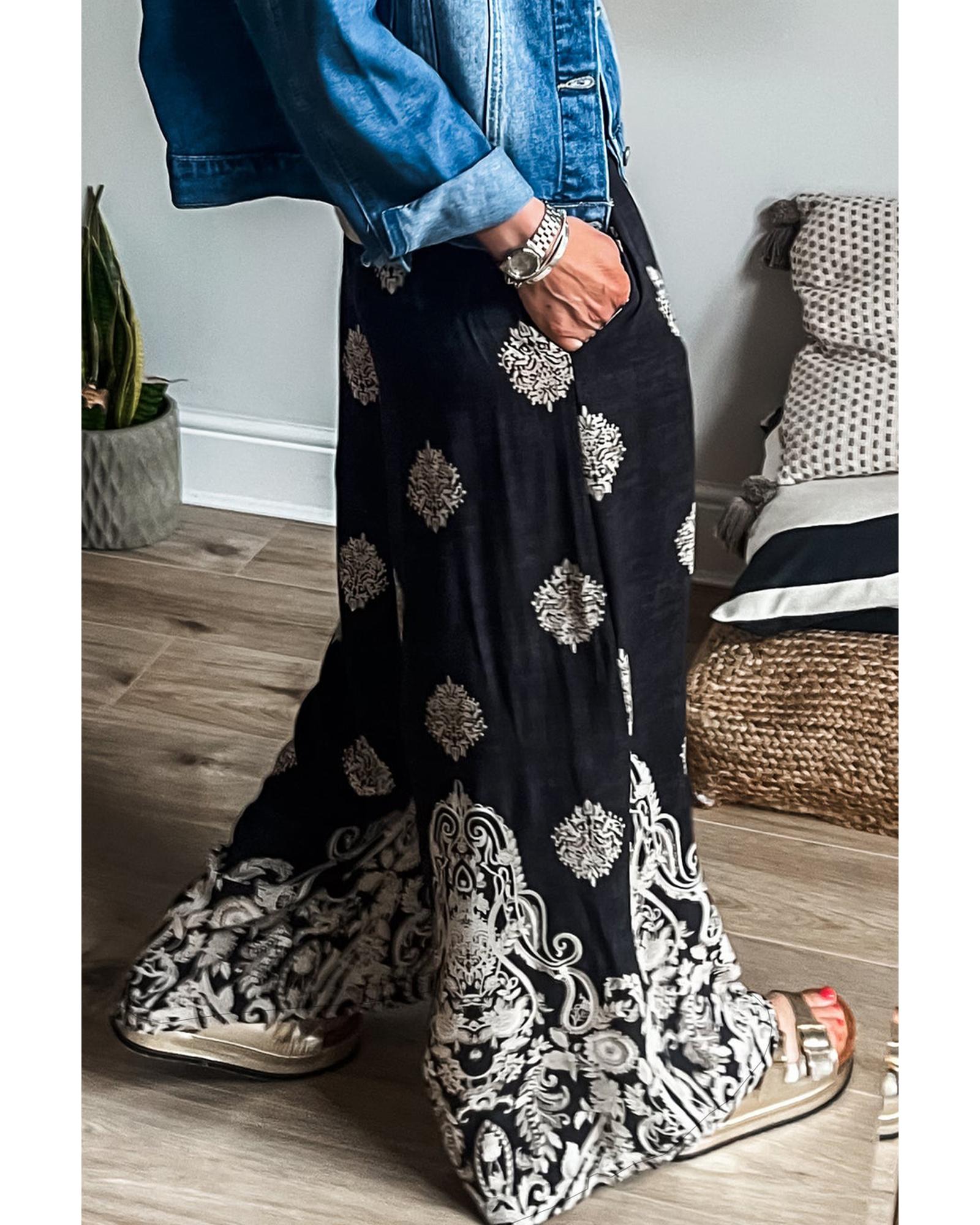 Black Bohemian Printed Drawstring Waist Wide Leg Pants - XL