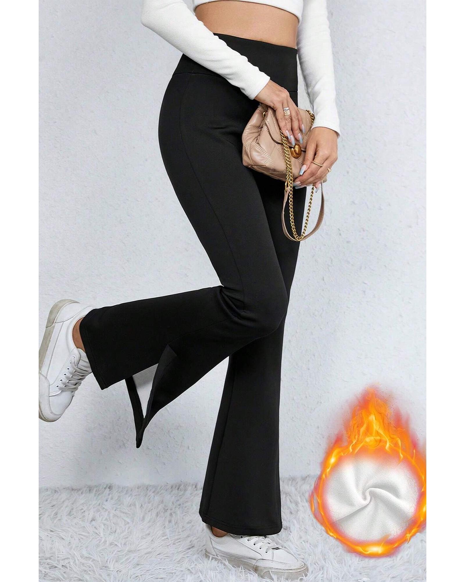 Black Thermal Lined Split Flare Leg Pants - M