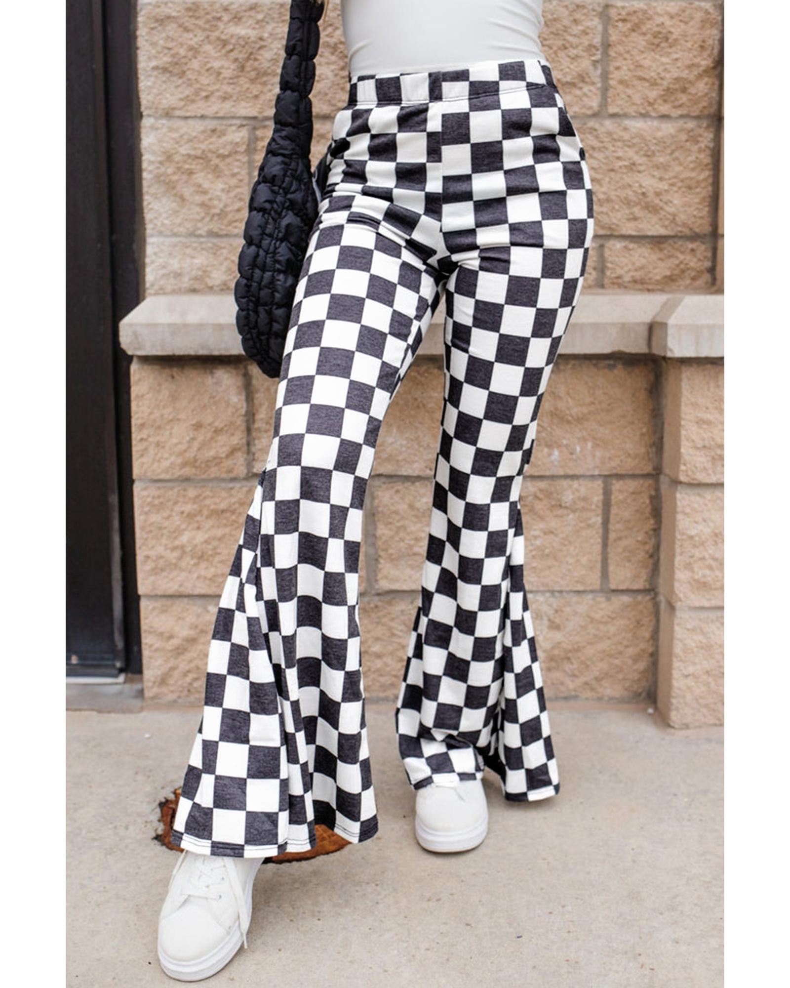 Black Checkerboard High Rise Casual Flared Pants - L