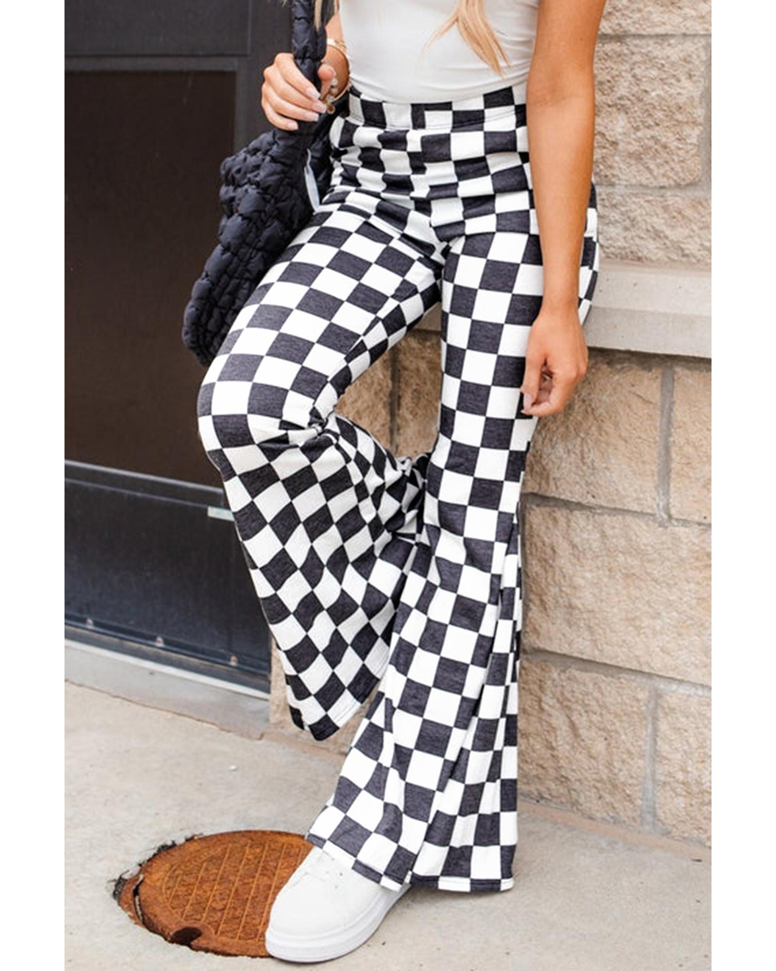 Black Checkerboard High Rise Casual Flared Pants - L