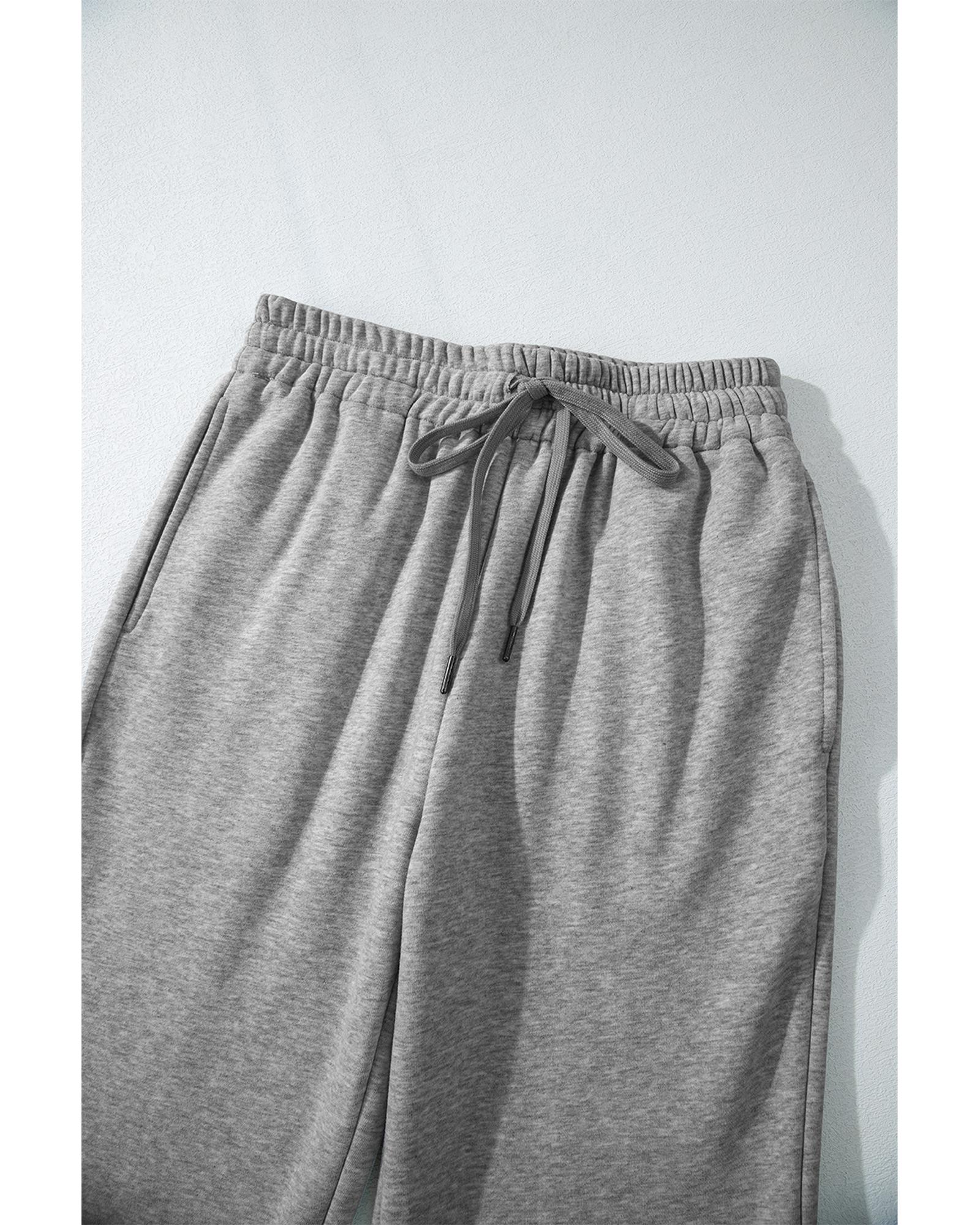 Light Grey Solid Color Fleece Lined Drawstring Waist Casual Pants - L