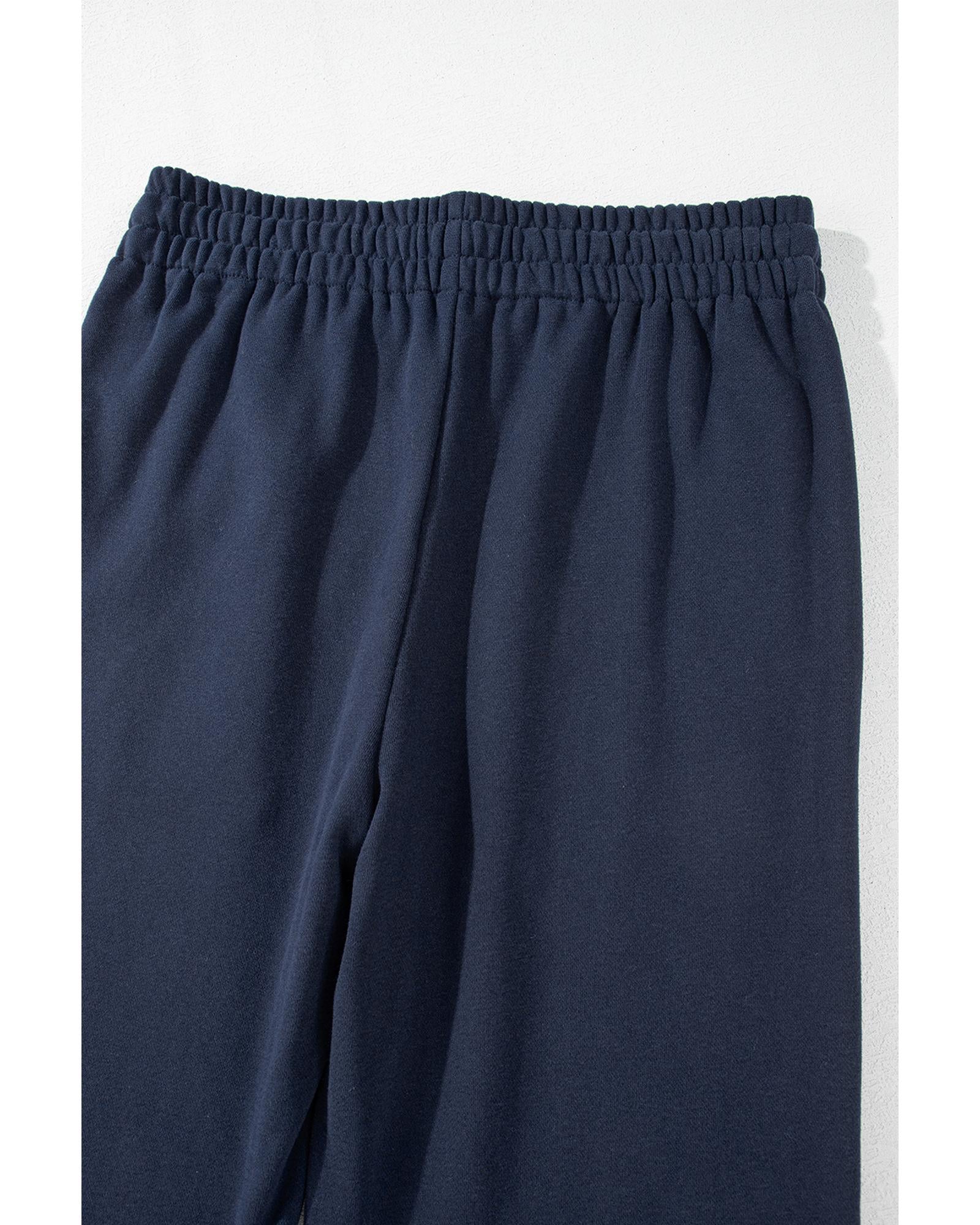 Navy Blue Solid Color Fleece Lined Drawstring Waist Casual Pants - L