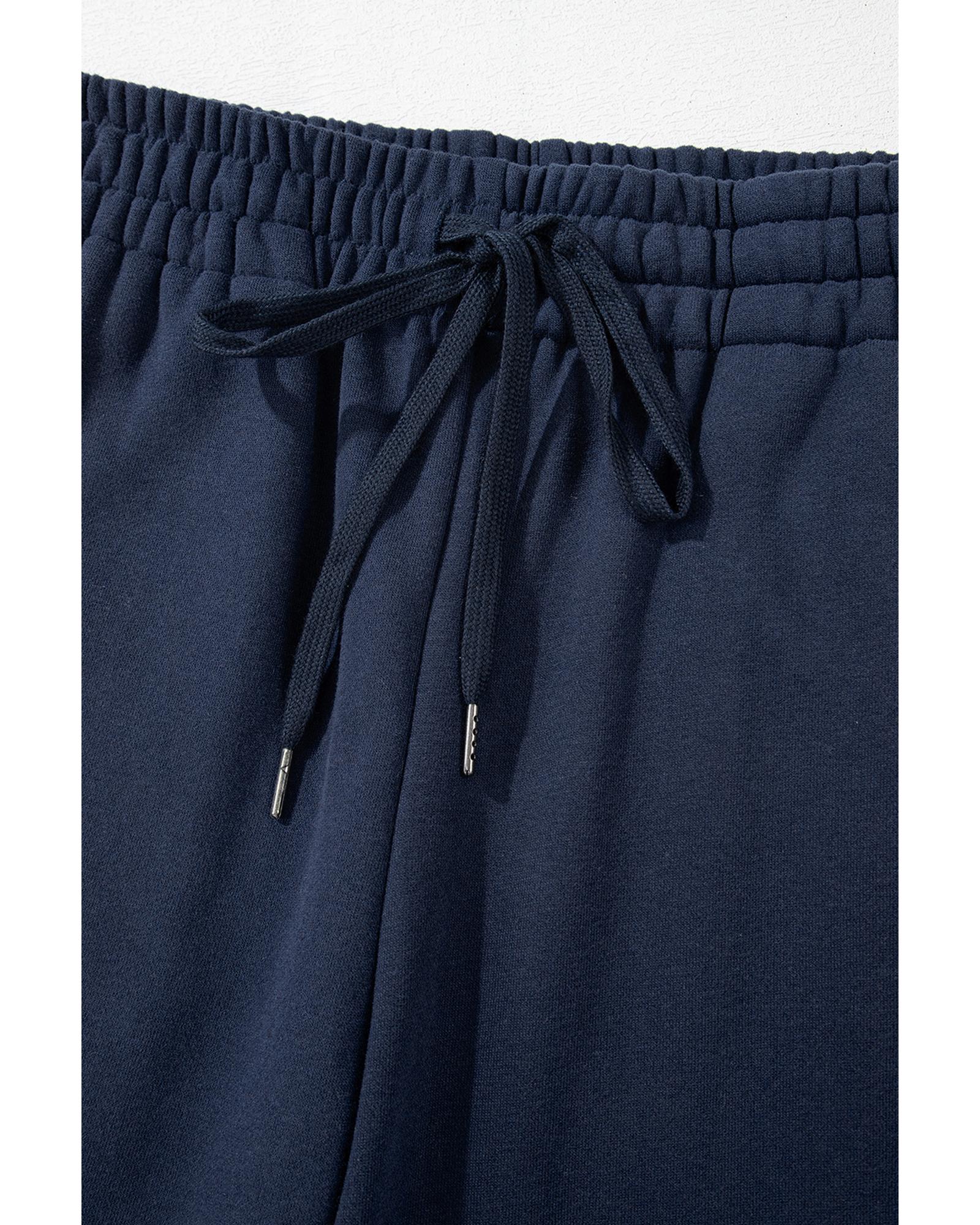 Navy Blue Solid Color Fleece Lined Drawstring Waist Casual Pants - M