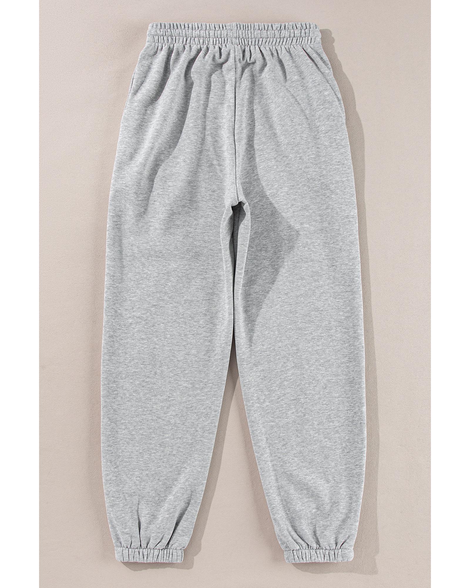 Light Grey Solid Color Fleece Lined Drawstring Waist Joggers - L