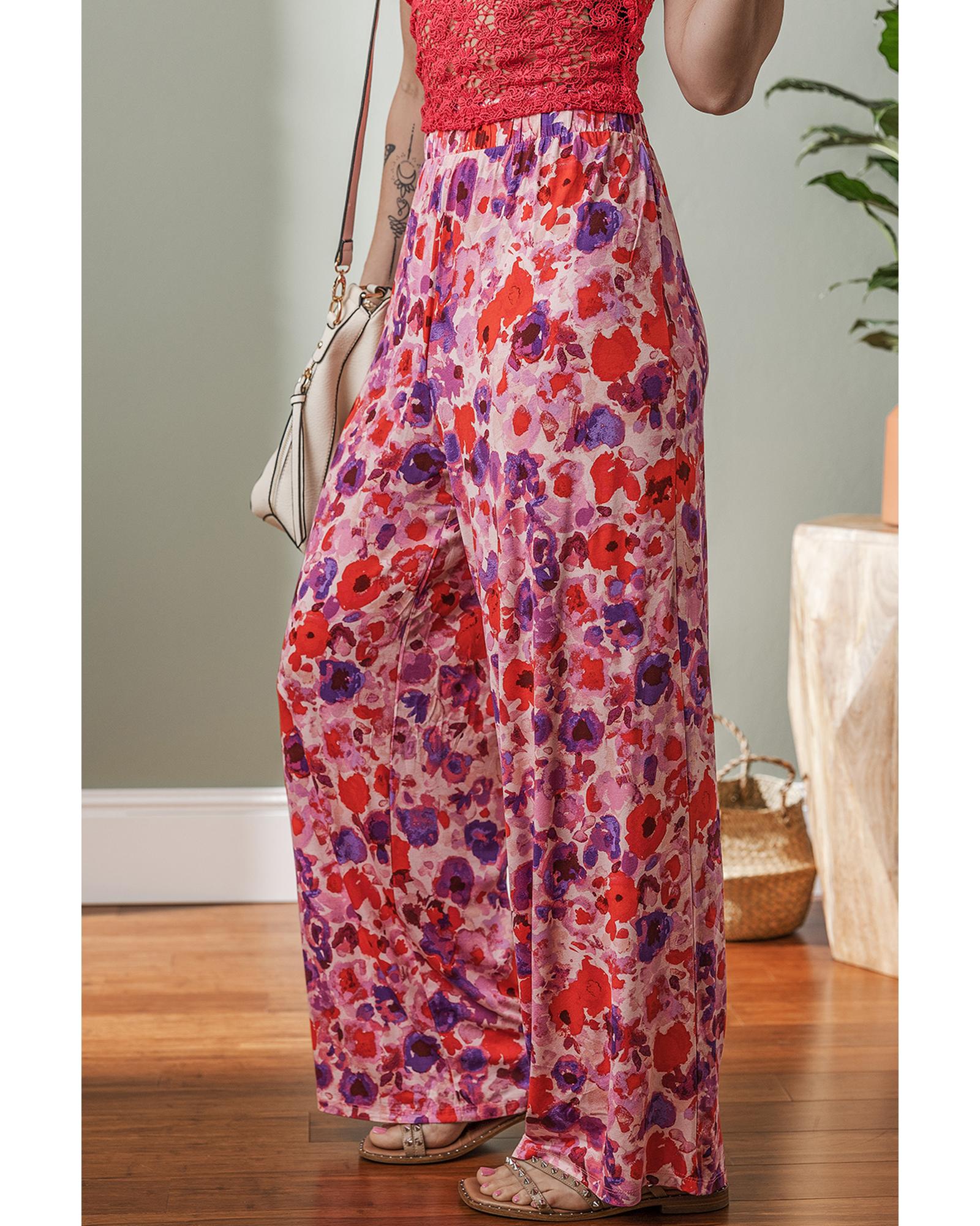 Purple Floral Wide Leg Elastic High Waist Pants - L