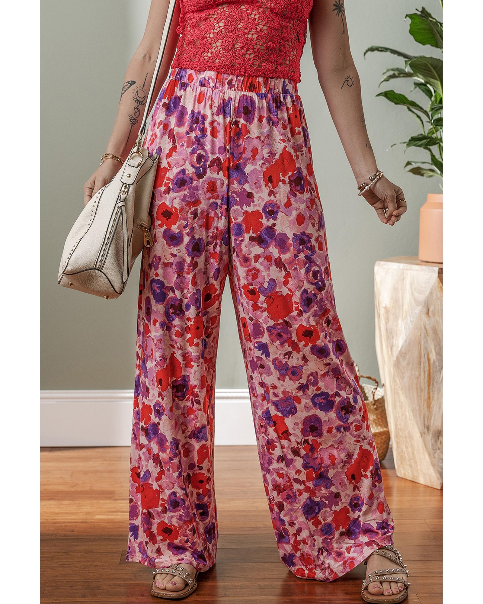 Purple Floral Wide Leg Elastic High Waist Pants - L