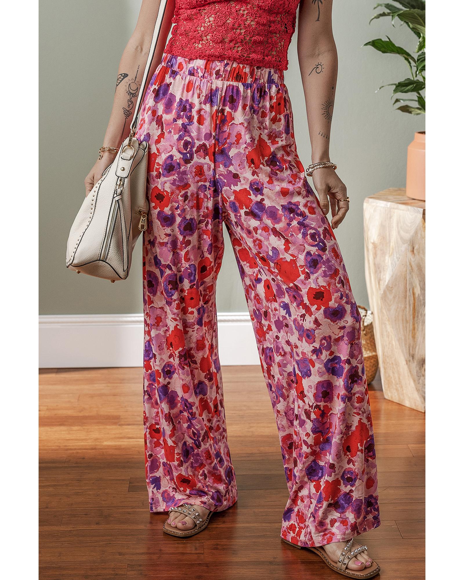 Purple Floral Wide Leg Elastic High Waist Pants - M