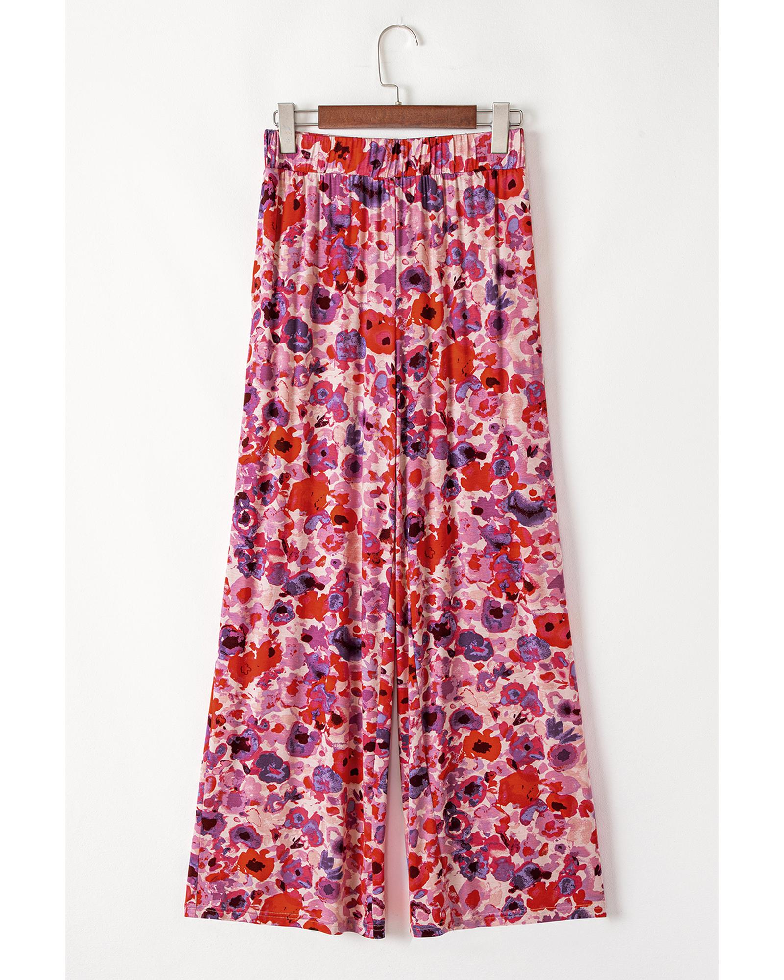 Purple Floral Wide Leg Elastic High Waist Pants - M