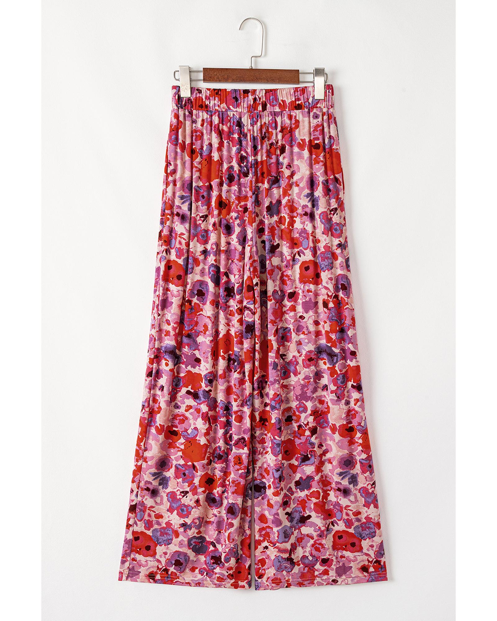 Purple Floral Wide Leg Elastic High Waist Pants - M