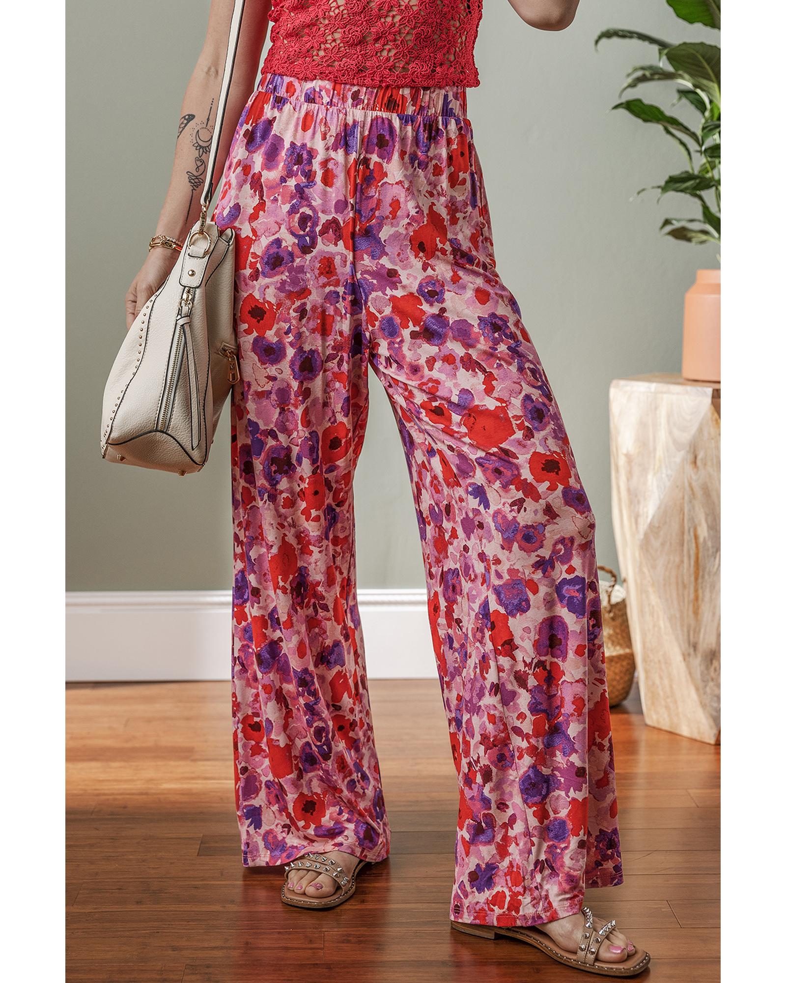 Purple Floral Wide Leg Elastic High Waist Pants - S