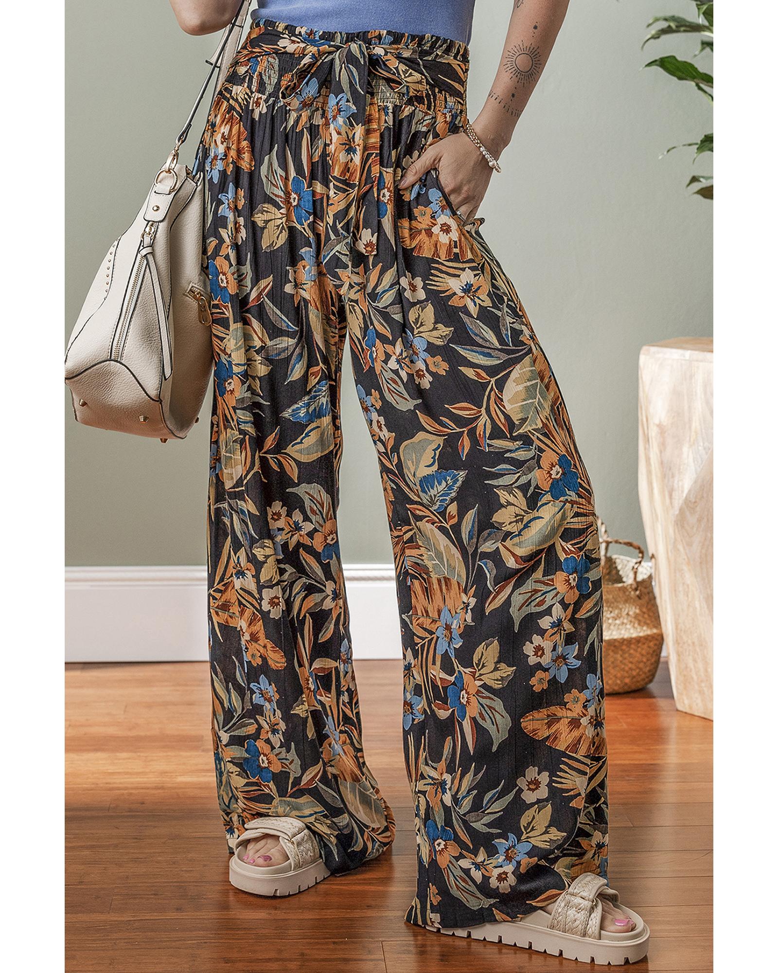 Multicolour Floral Shirred High Waist Wide Leg Pants with Tie - L