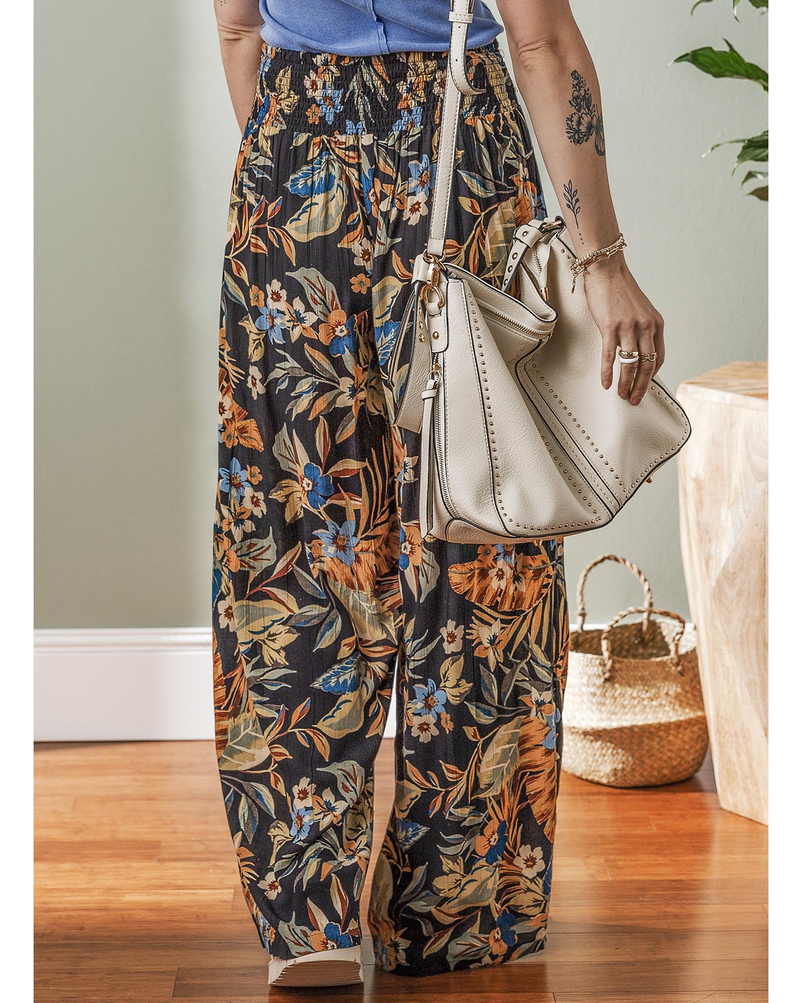 Multicolour Floral Shirred High Waist Wide Leg Pants with Tie - L