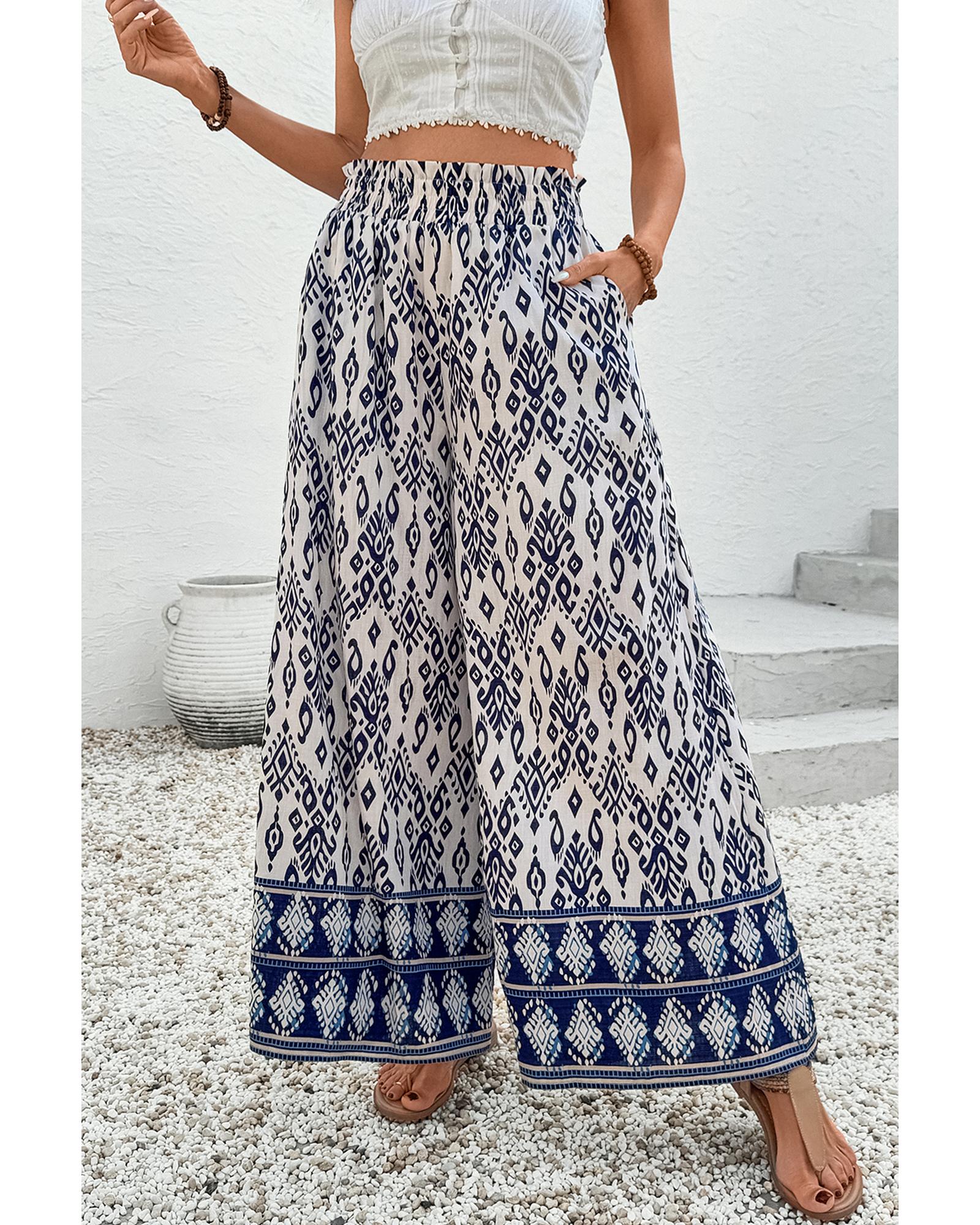 Blue Boho Pattern Print High Waist Wide Leg Loose Pants - M