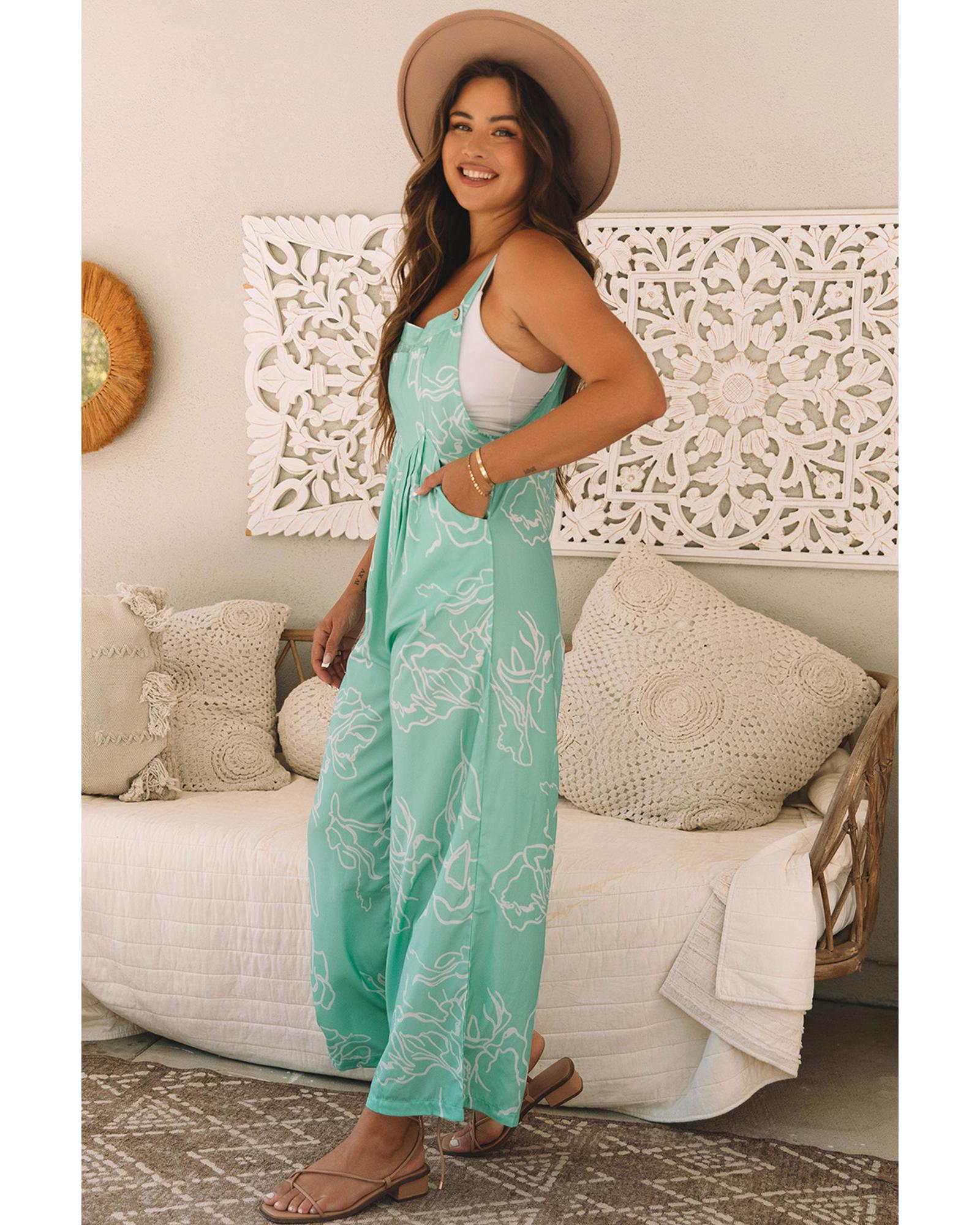 Moonlight Jade Printed Bib Wide Leg Overalls - S
