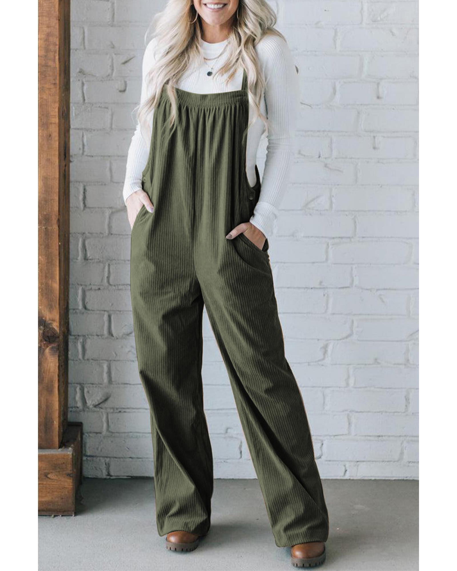 Jungle Green Solid Pocketed Loose Fit Corduroy Overall - S