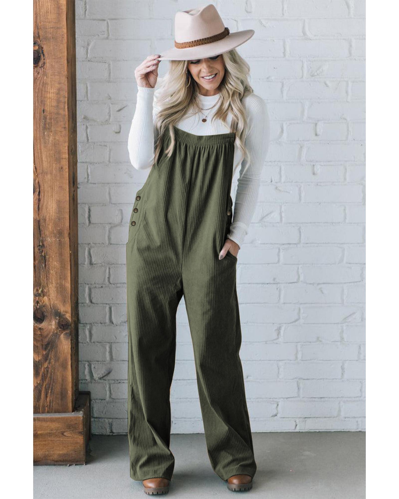 Jungle Green Solid Pocketed Loose Fit Corduroy Overall - S
