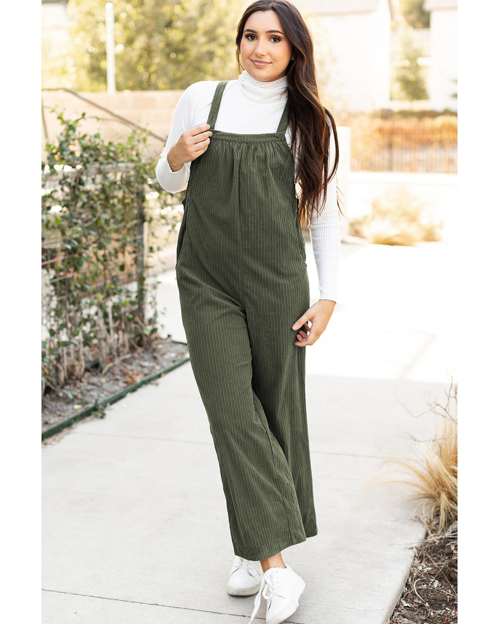 Jungle Green Solid Pocketed Loose Fit Corduroy Overall - S