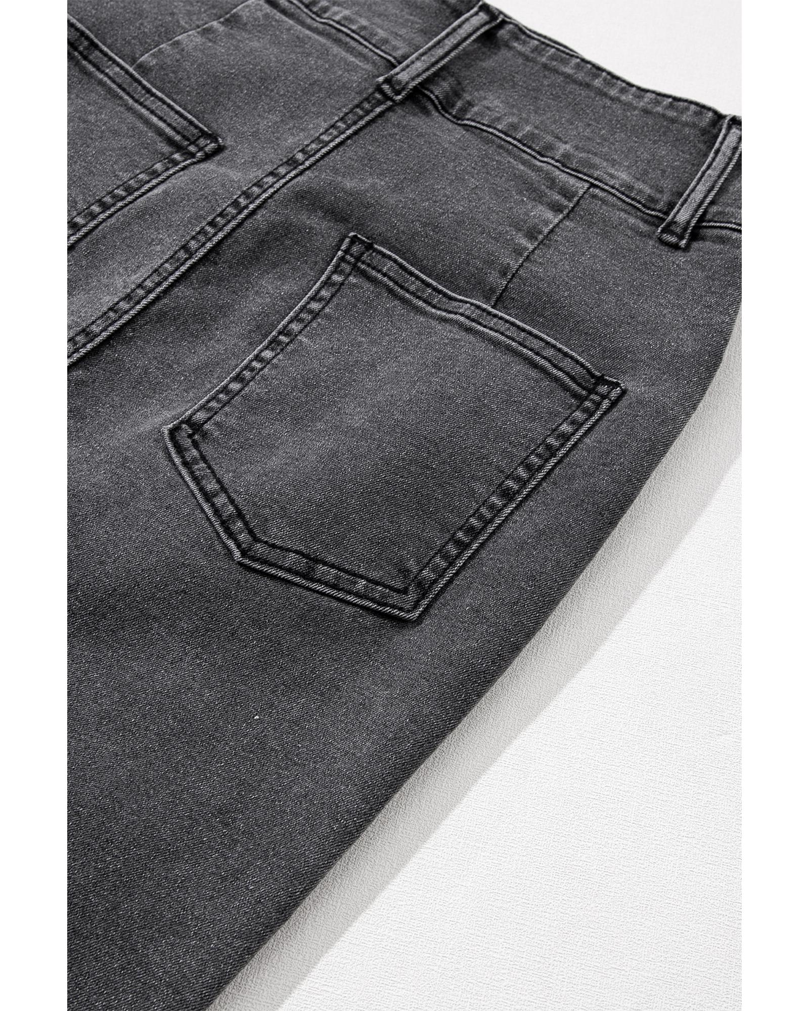 Black Raw Edge Side Slits Buttoned Midi Denim Skirt - L