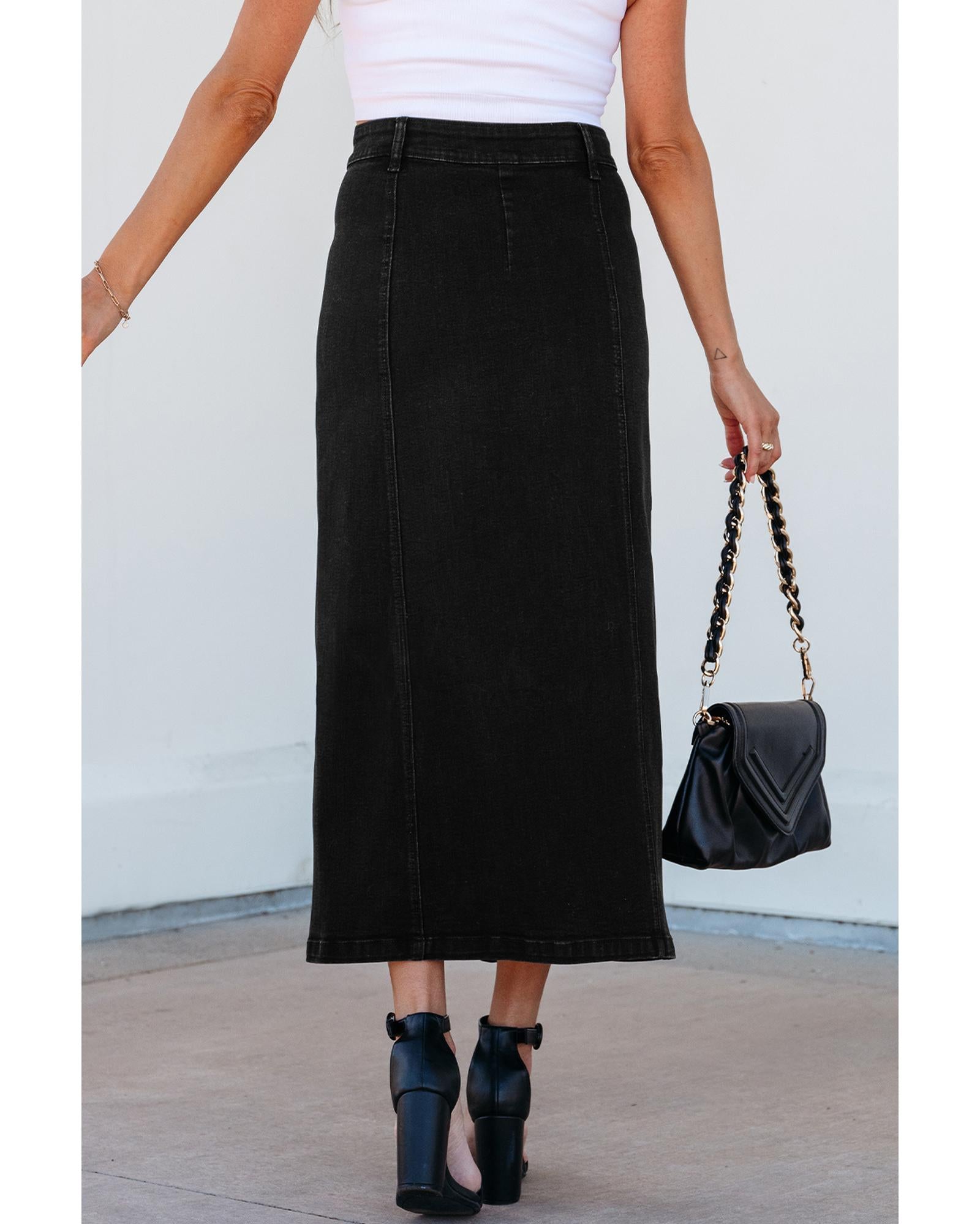 Black Button Fly Side Split High Waist Denim Midi Skirt - XL