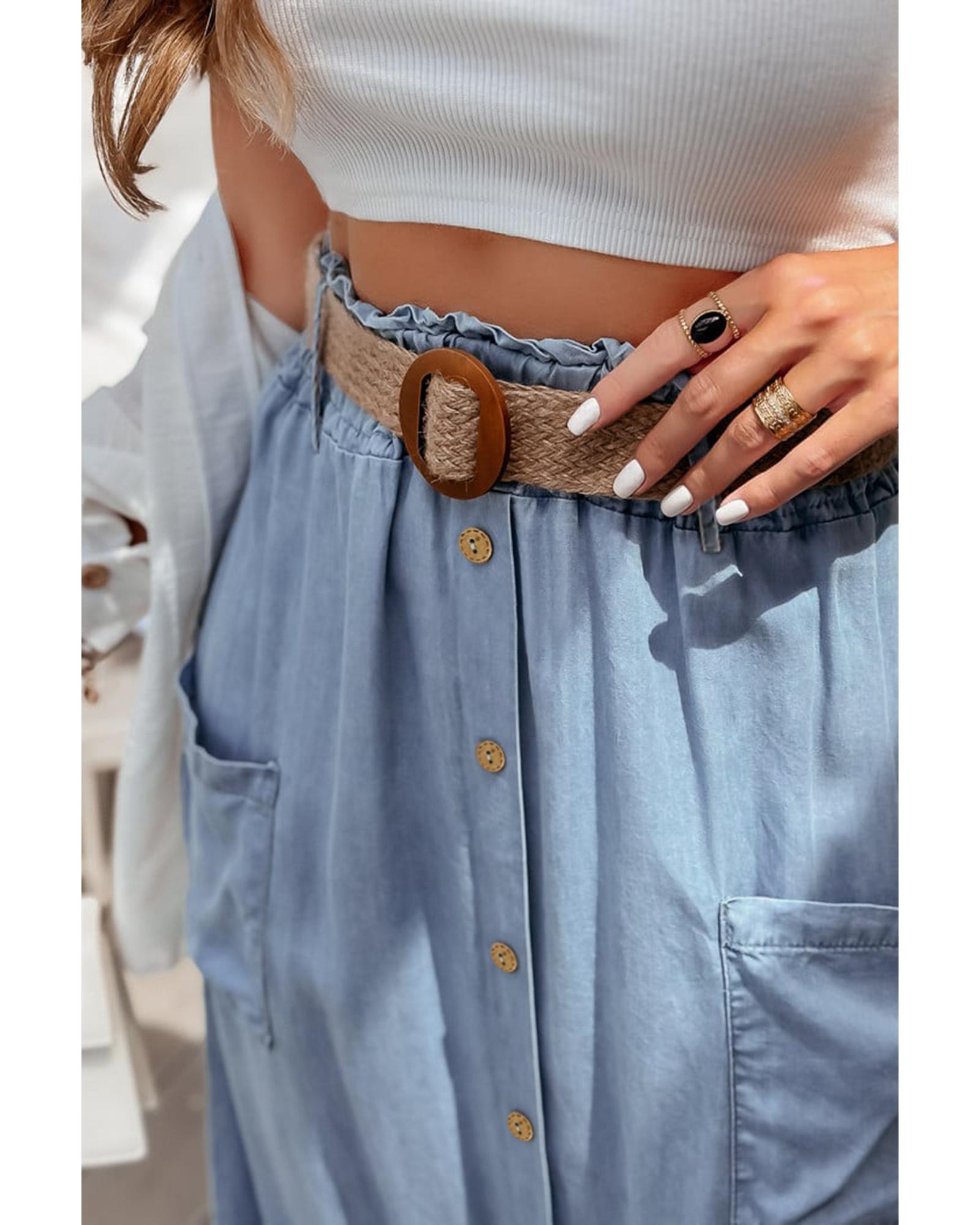 Beau Blue Buttoned Front High Waist Side Pockets Denim Maxi Skirt - L