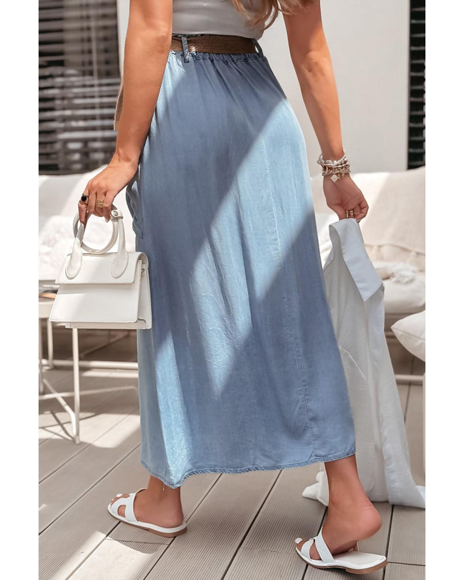 Beau Blue Buttoned Front High Waist Side Pockets Denim Maxi Skirt - L
