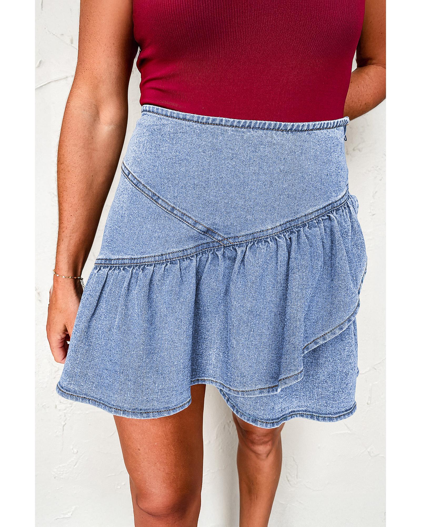 Beau Blue Asymmetric Ruffle Overlay Denim Mini Skirt - L