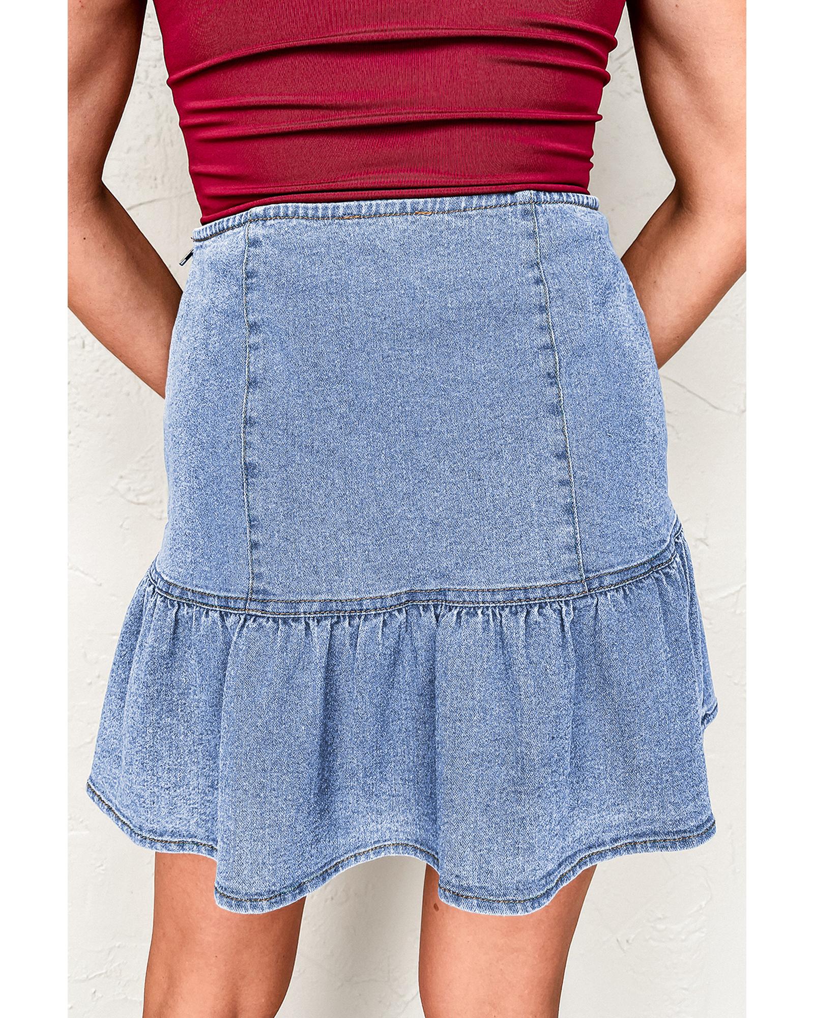 Beau Blue Asymmetric Ruffle Overlay Denim Mini Skirt - L