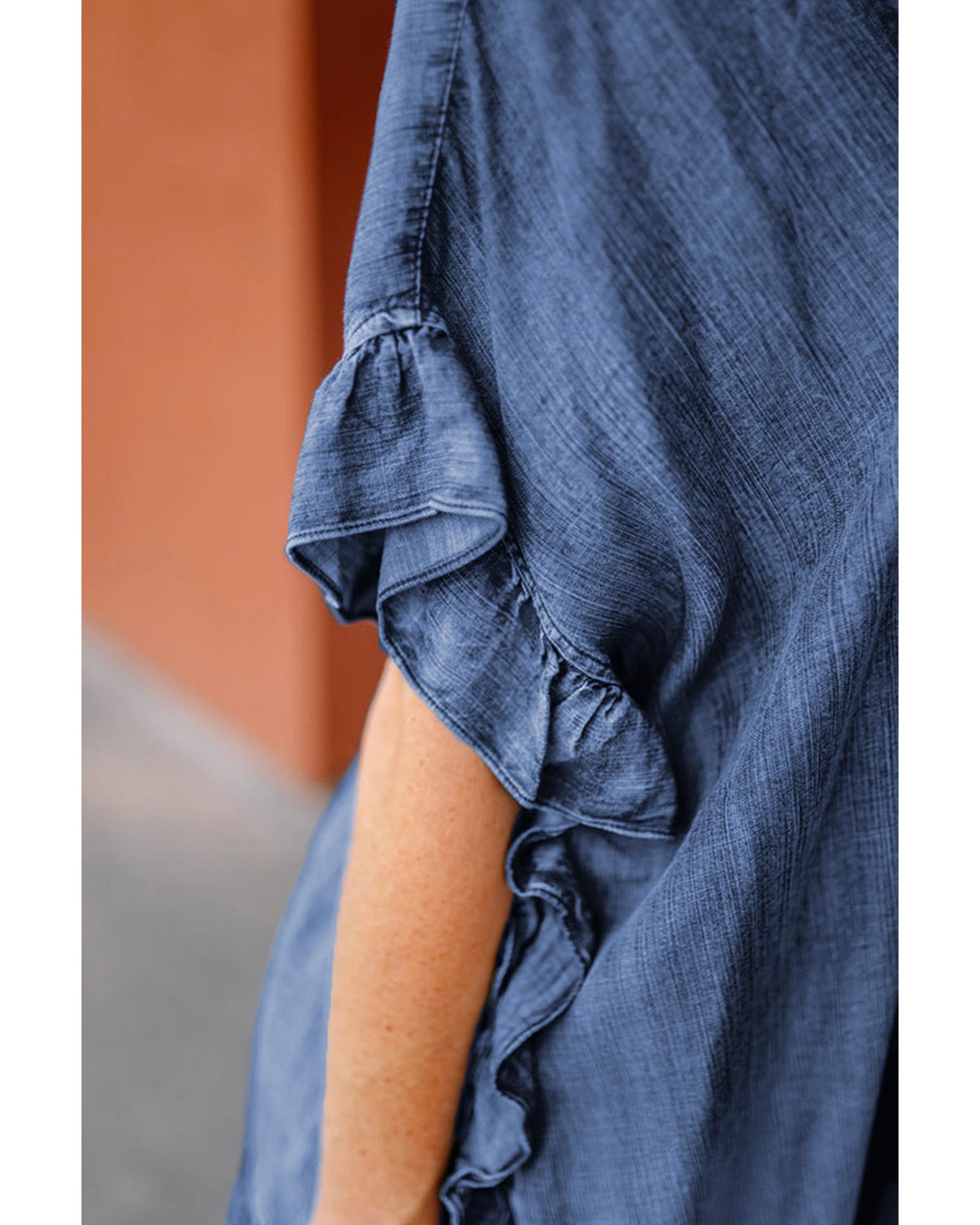 Dusk Blue Chambray Ruffle Hem Half Sleeve Open Loose Kimono - M