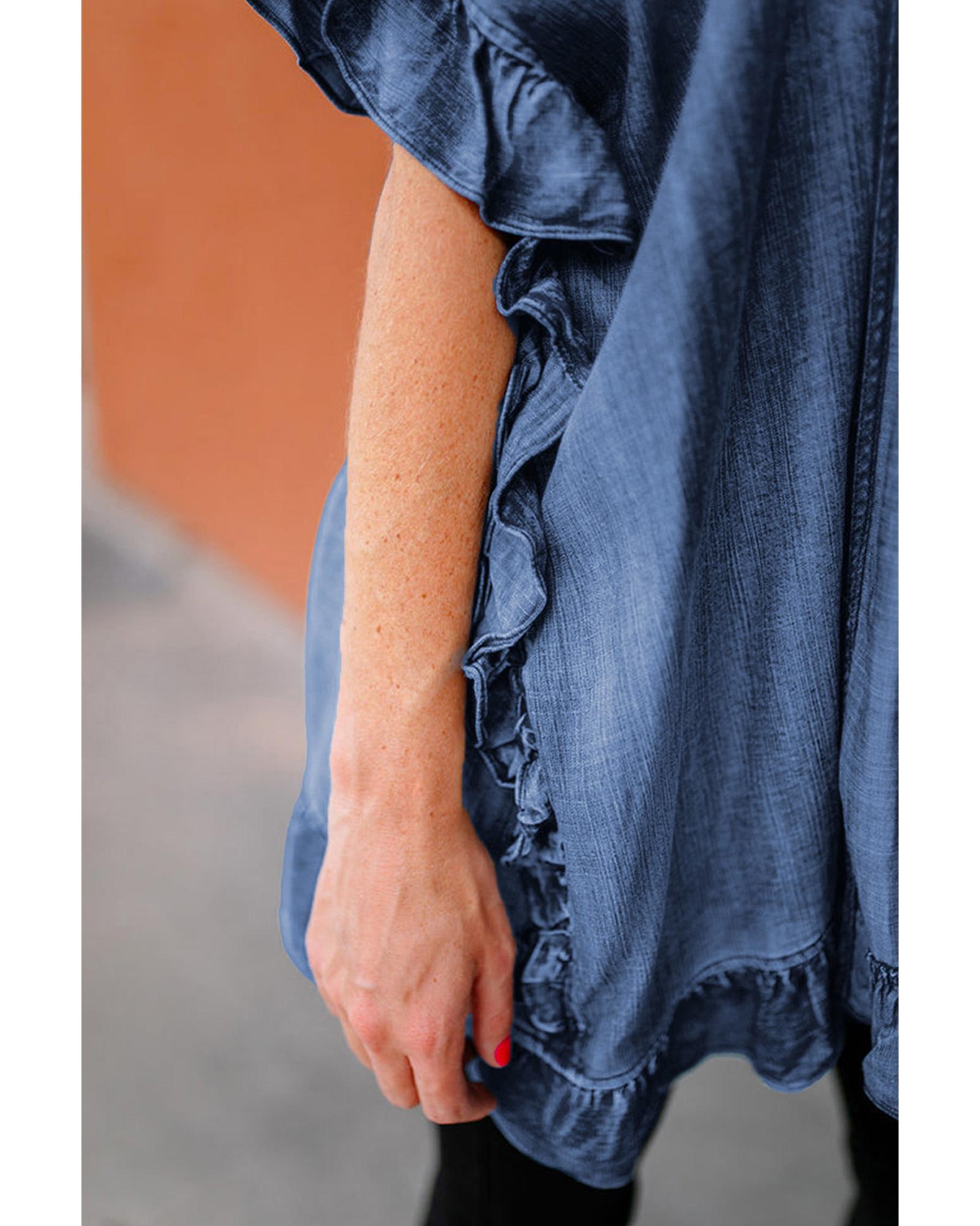 Dusk Blue Chambray Ruffle Hem Half Sleeve Open Loose Kimono - M