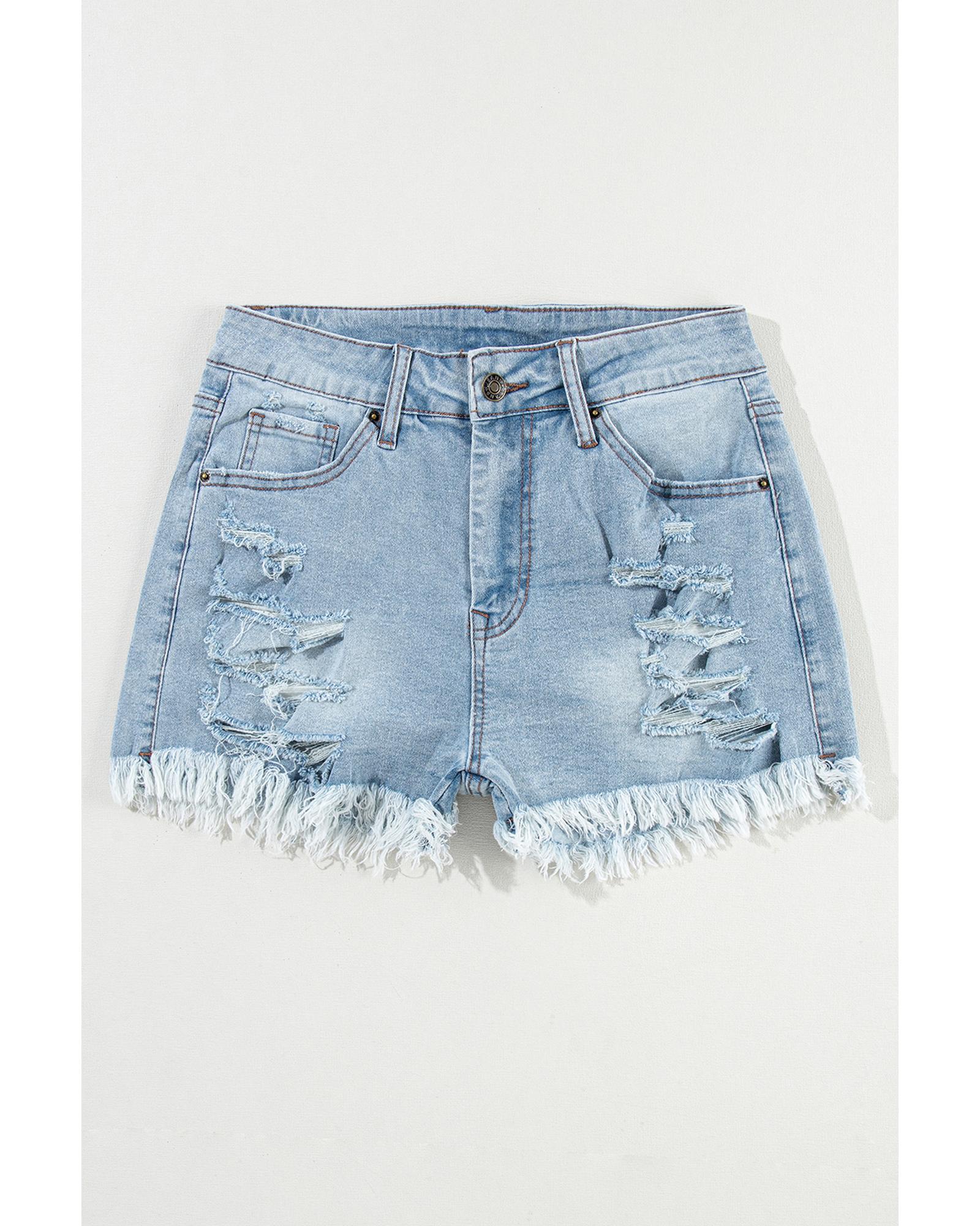 Light Blue Distressed Ripped Raw Hem High Waist Denim Shorts - 16 US