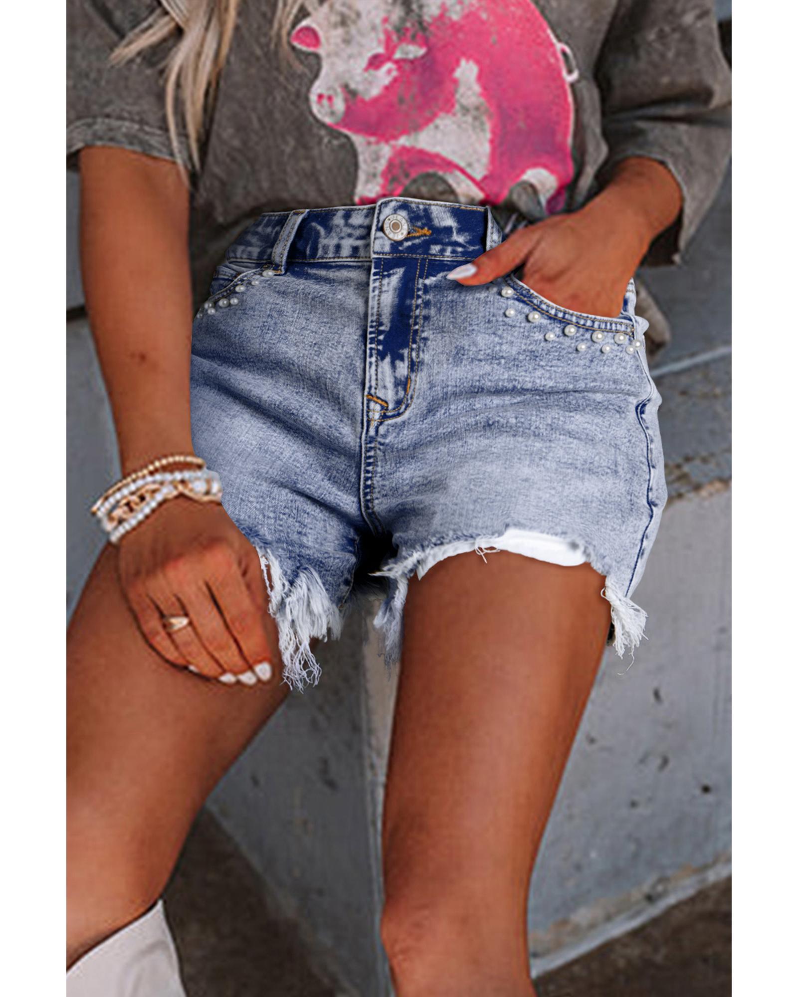 Beau Blue Pearl Studded Pockets Raw Hem Denim Shorts - 12 US