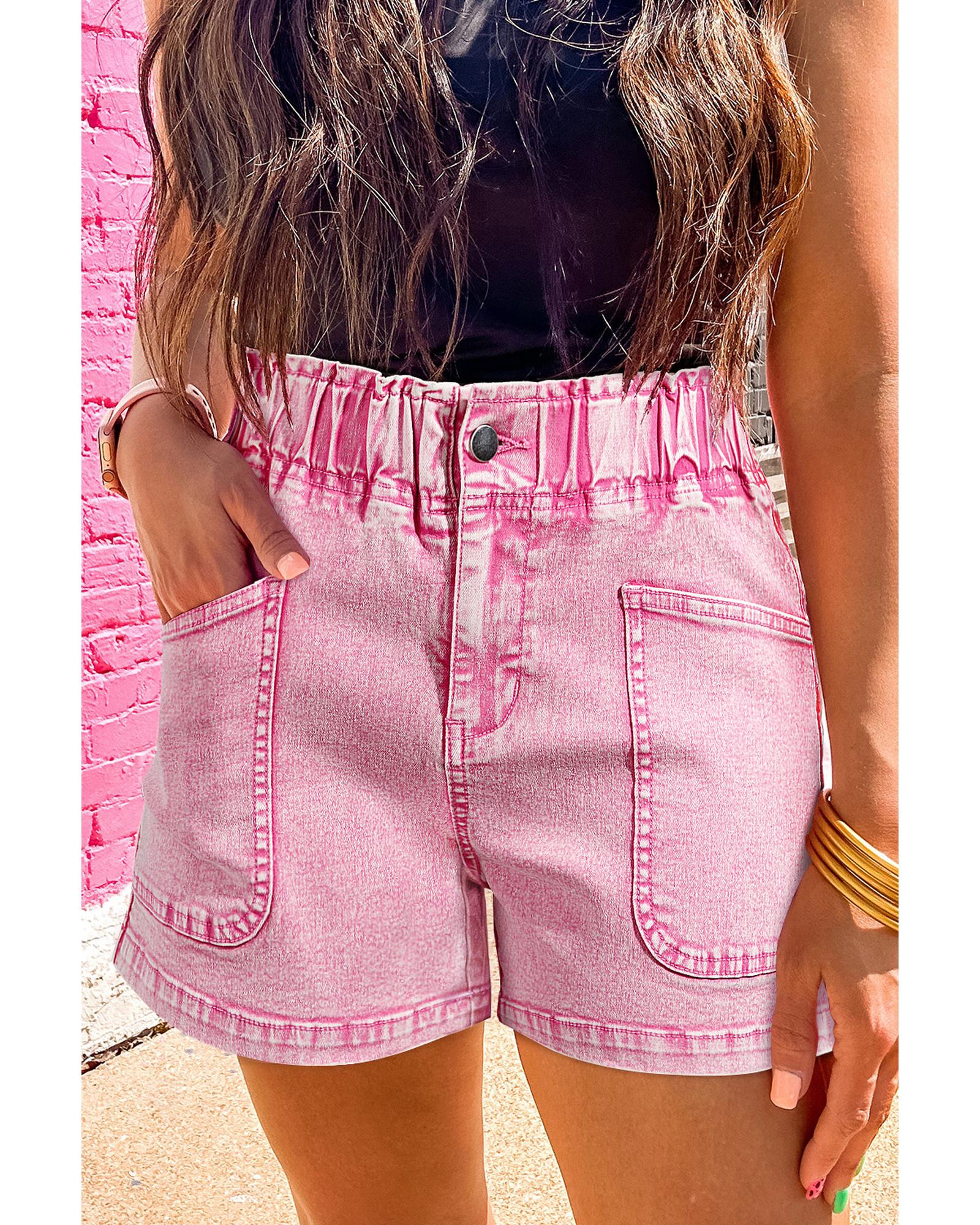 Strawberry Pink Elastic High Waisted Denim Shorts - 12 US