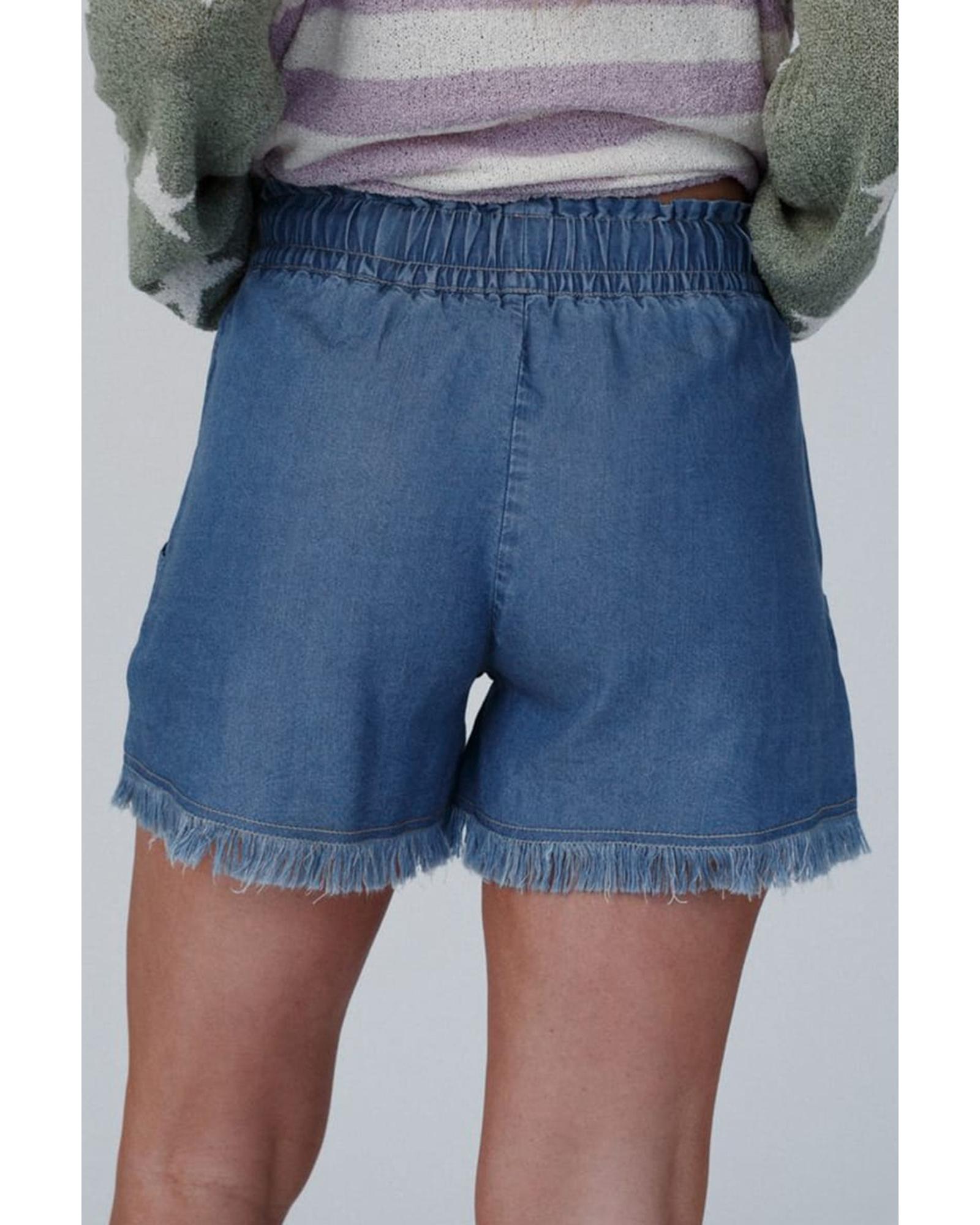 Ashleigh Blue Raw Hem Drawstring High Waist Denim Shorts with Pockets - 14 US