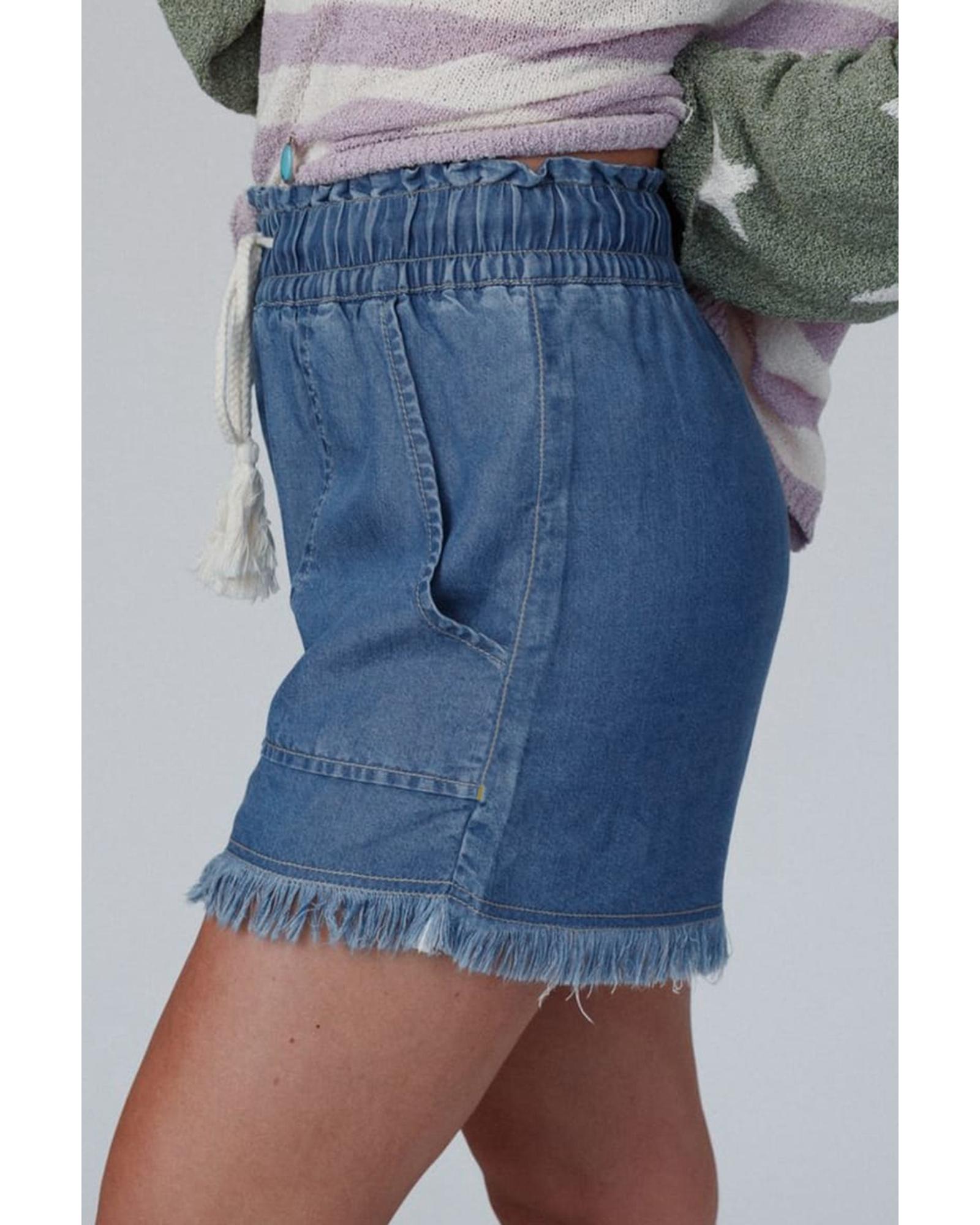 Ashleigh Blue Raw Hem Drawstring High Waist Denim Shorts with Pockets - 14 US