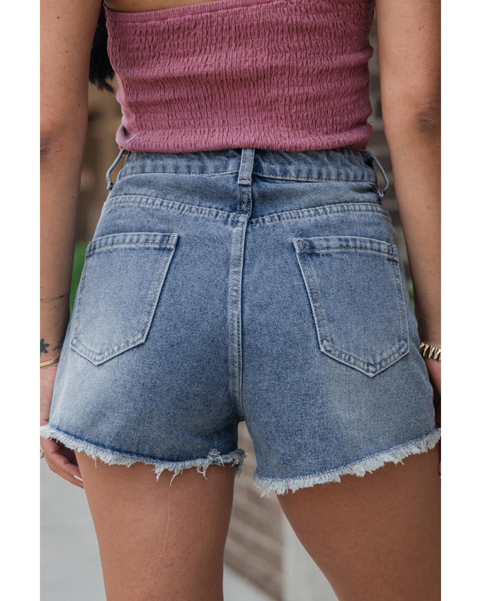 Dusk Blue Pearl Beaded Raw Hem Medium Wash Denim Shorts - 14 US