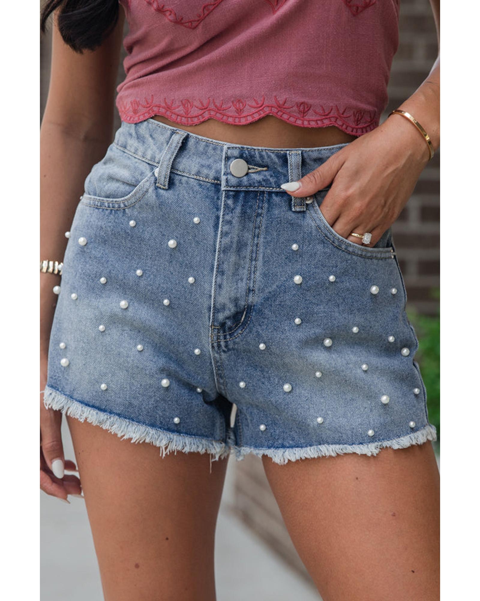 Dusk Blue Pearl Beaded Raw Hem Medium Wash Denim Shorts - 4 US