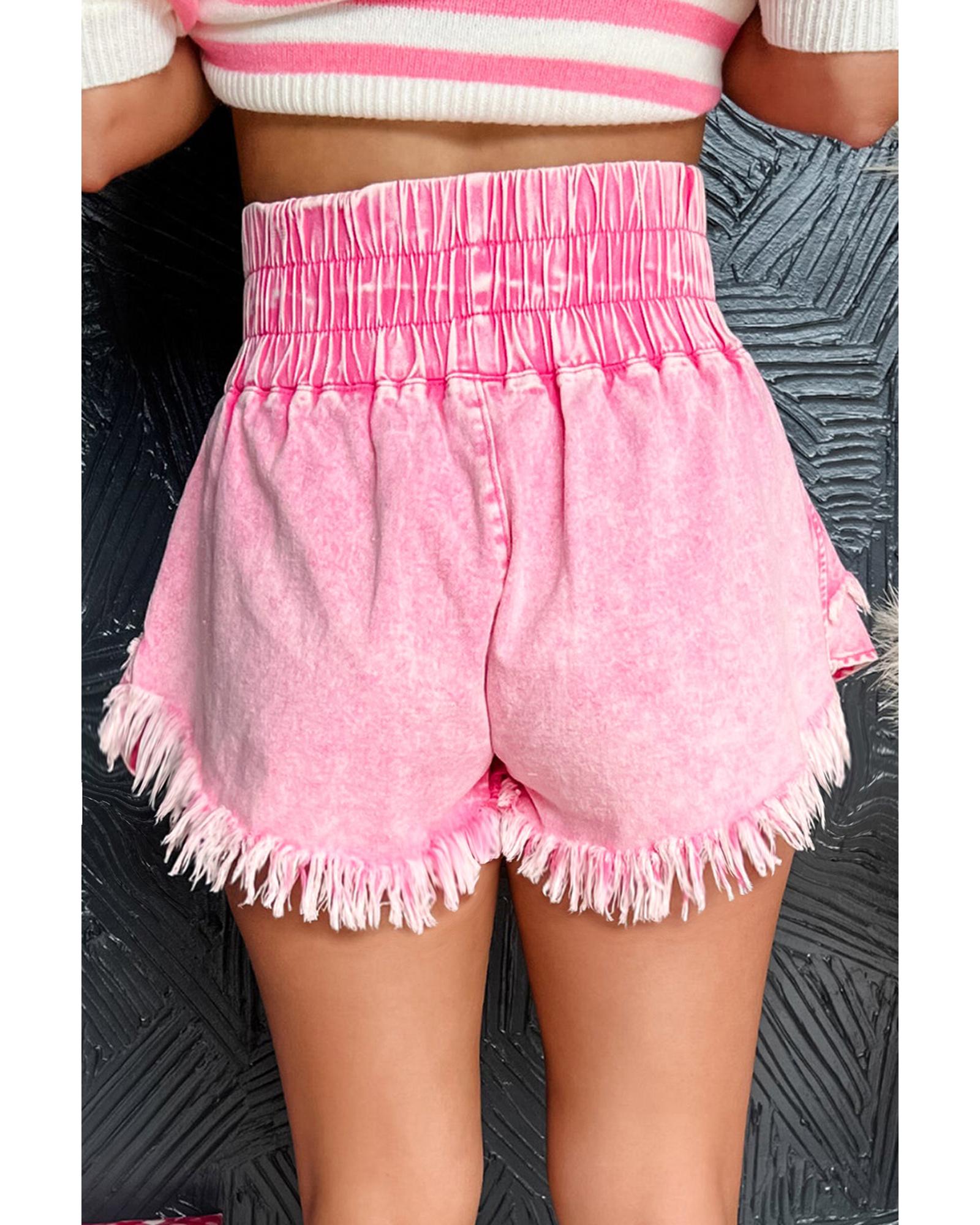 Pink Washed Wide Smocked Waistband Frayed Denim Shorts - 12 US